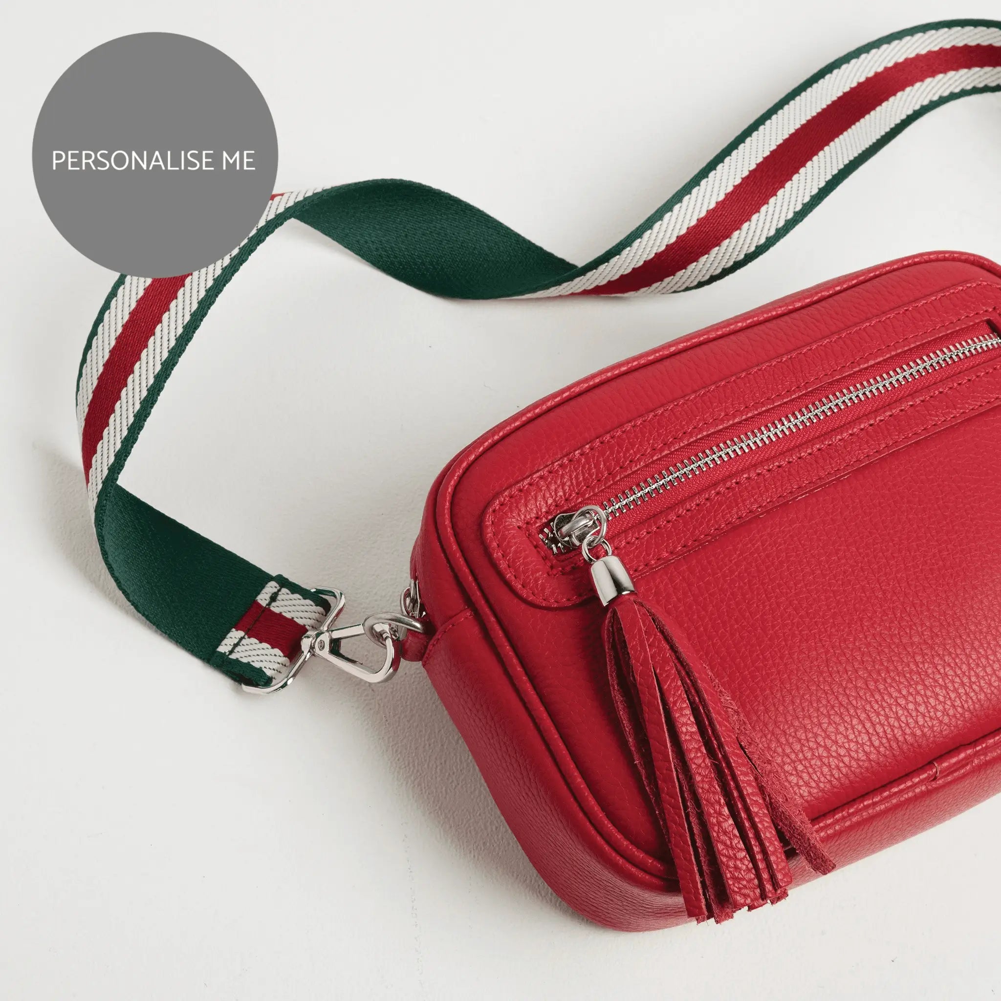 Florence Crossbody Bag in Red with Green Stripe Strap Red | Betsy & Floss