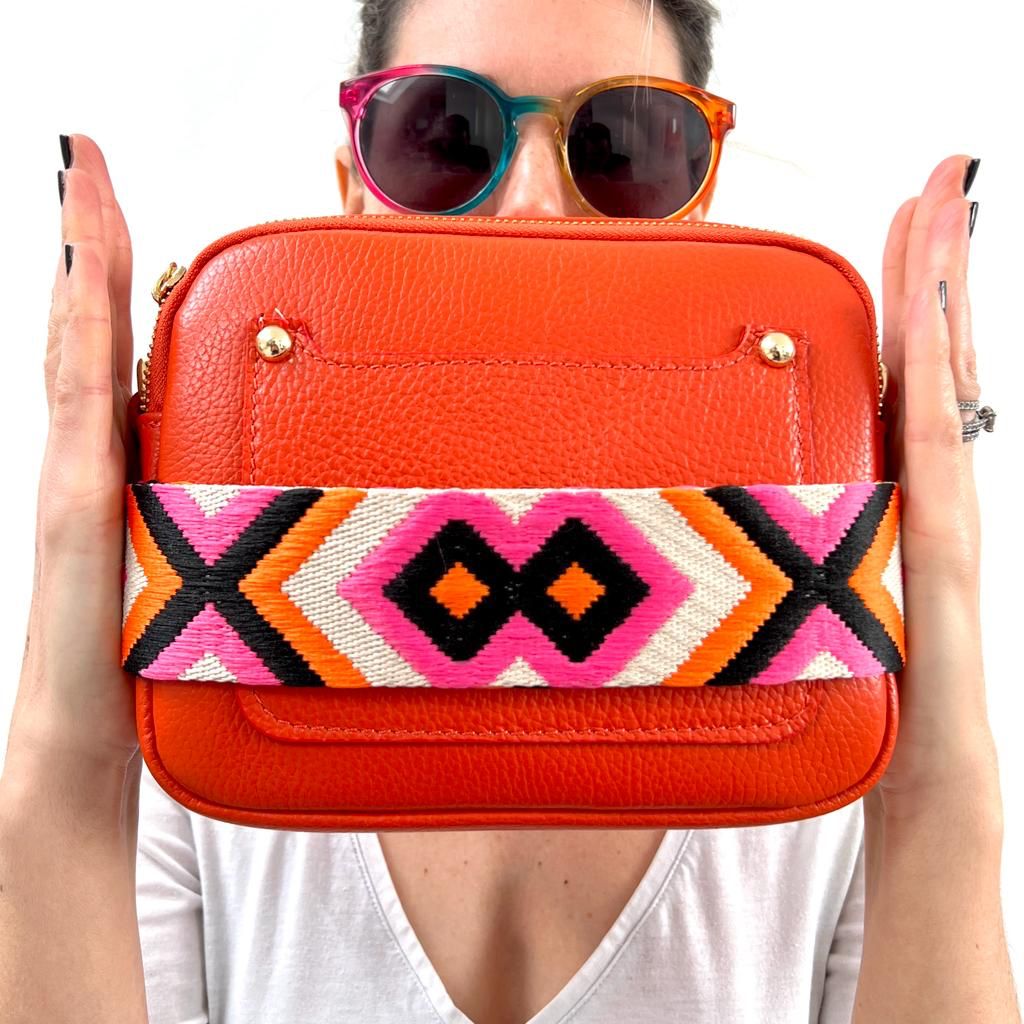 Sienna Crossbody Bag in Burnt Orange with Pink and Orange Bohemian Strap Burnt Orange | Betsy & Floss