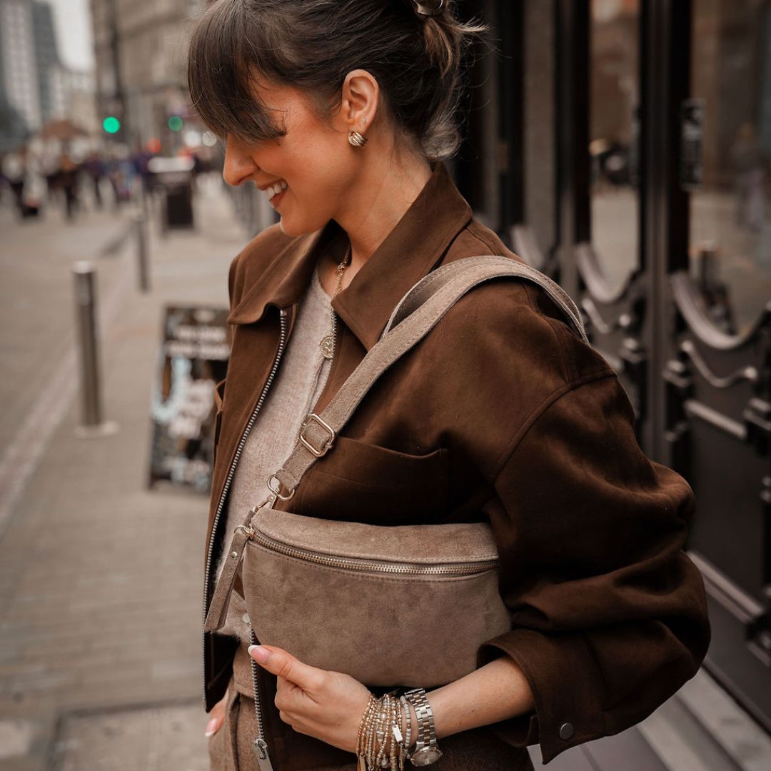Rivoli Suede Crossbody and Waist Bag Dark Taupe | Betsy & Floss