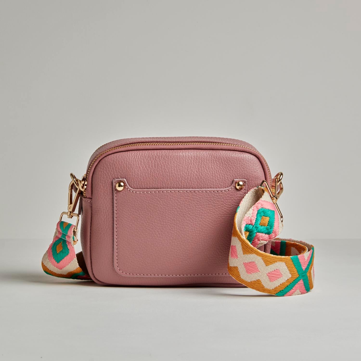 Sienna Crossbody Bag in Antique Pink with Mustard and Pink Bohemian Strap Antique Pink | Betsy & Floss