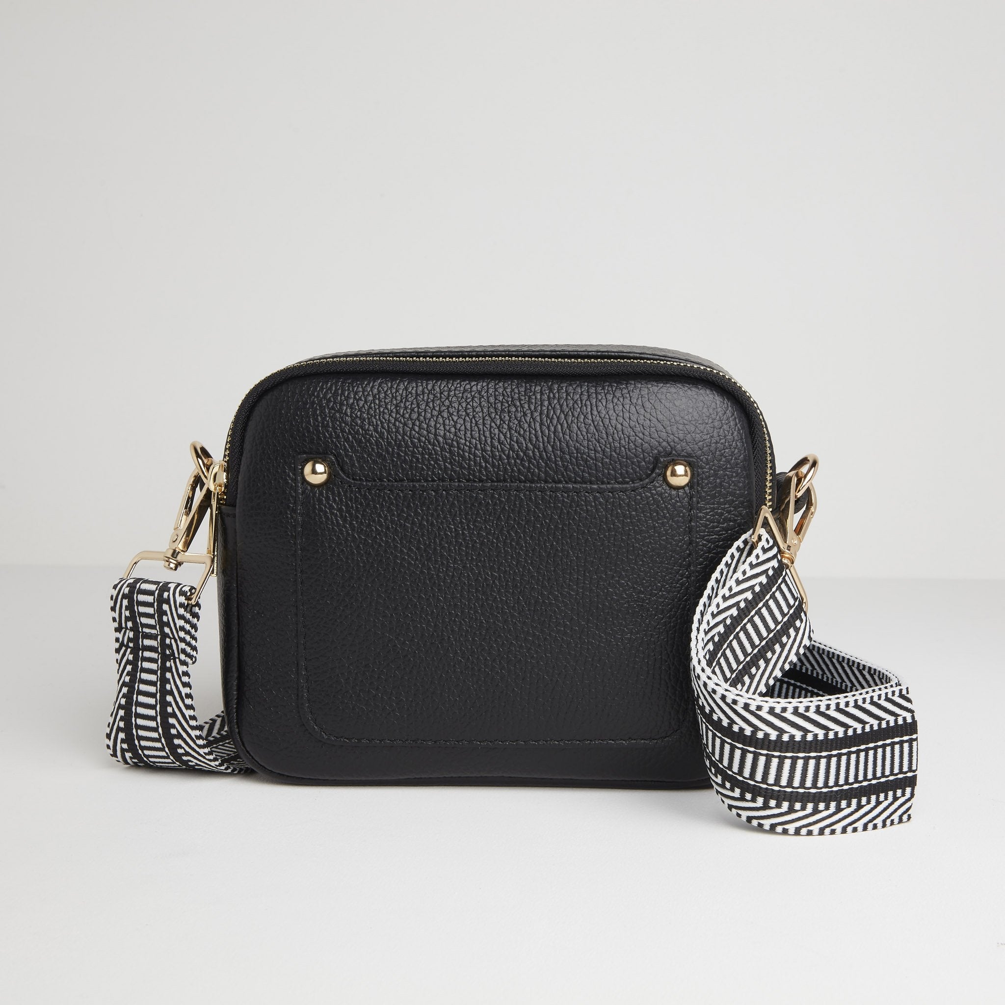 Sienna Crossbody Bag in Black with Black and White Chevron Strap Black | Betsy & Floss