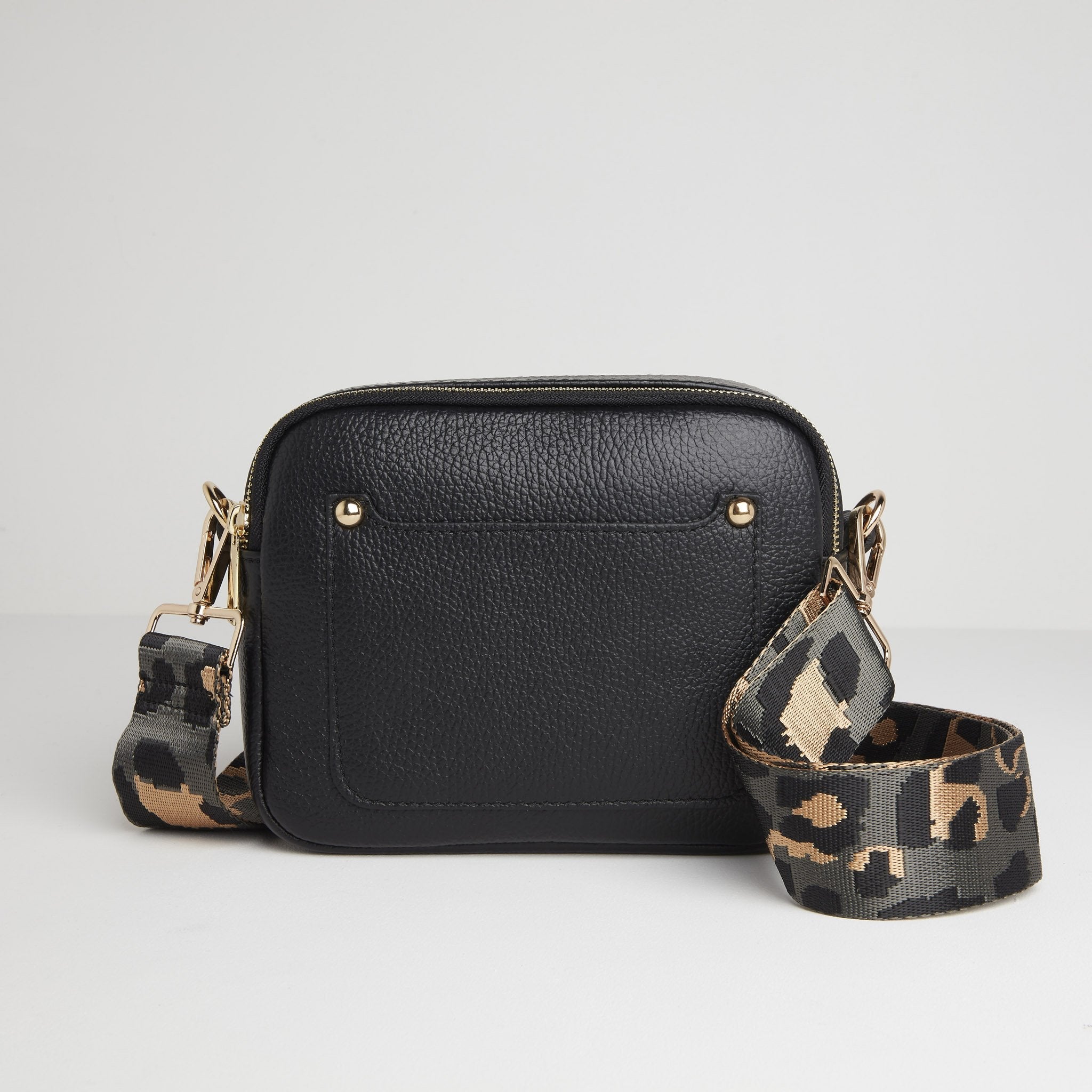 Sienna Crossbody Bag in Black with Dark Leopard Strap Black | Betsy & Floss