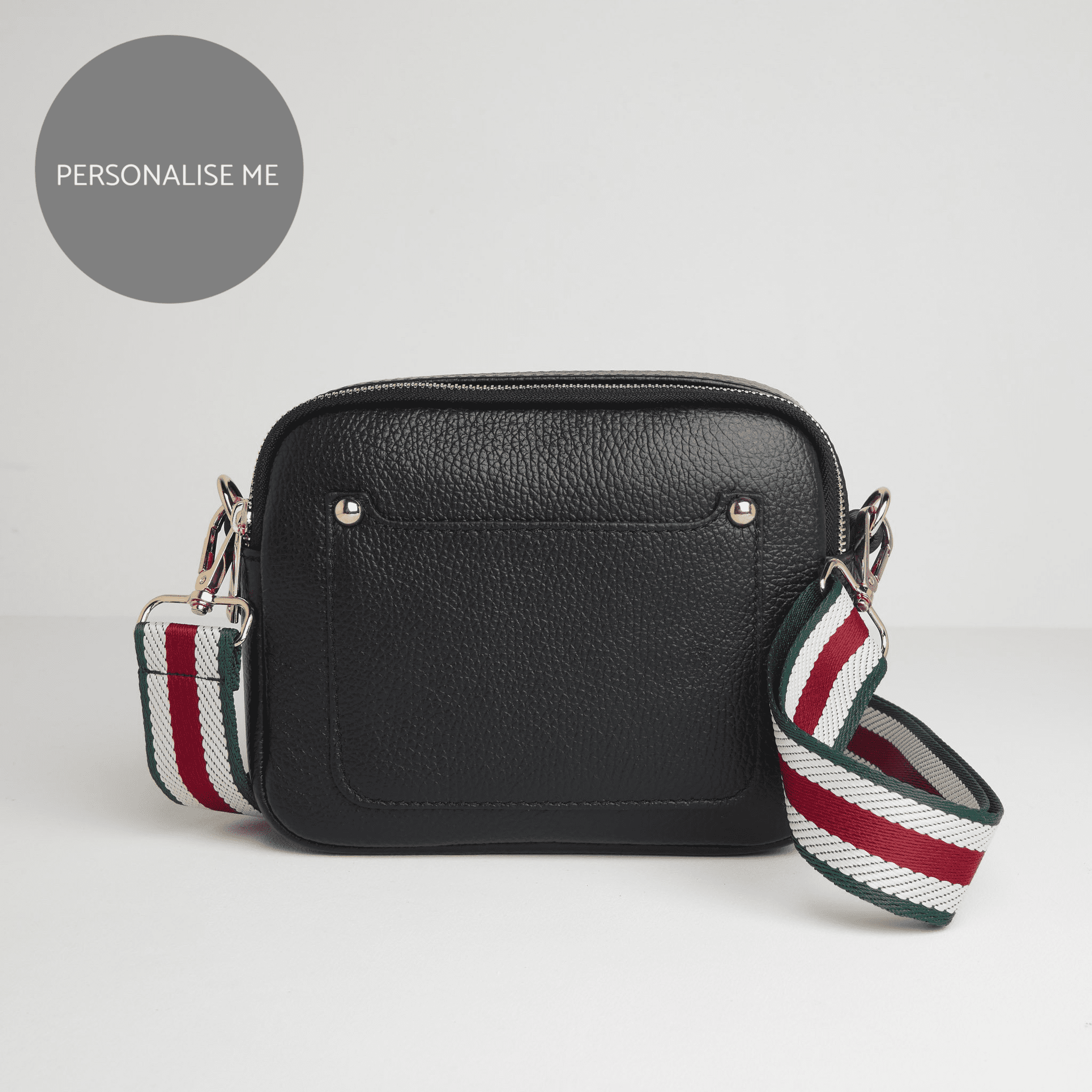 Sienna Crossbody Bag in Black with Green Stripe Strap Black | Betsy & Floss