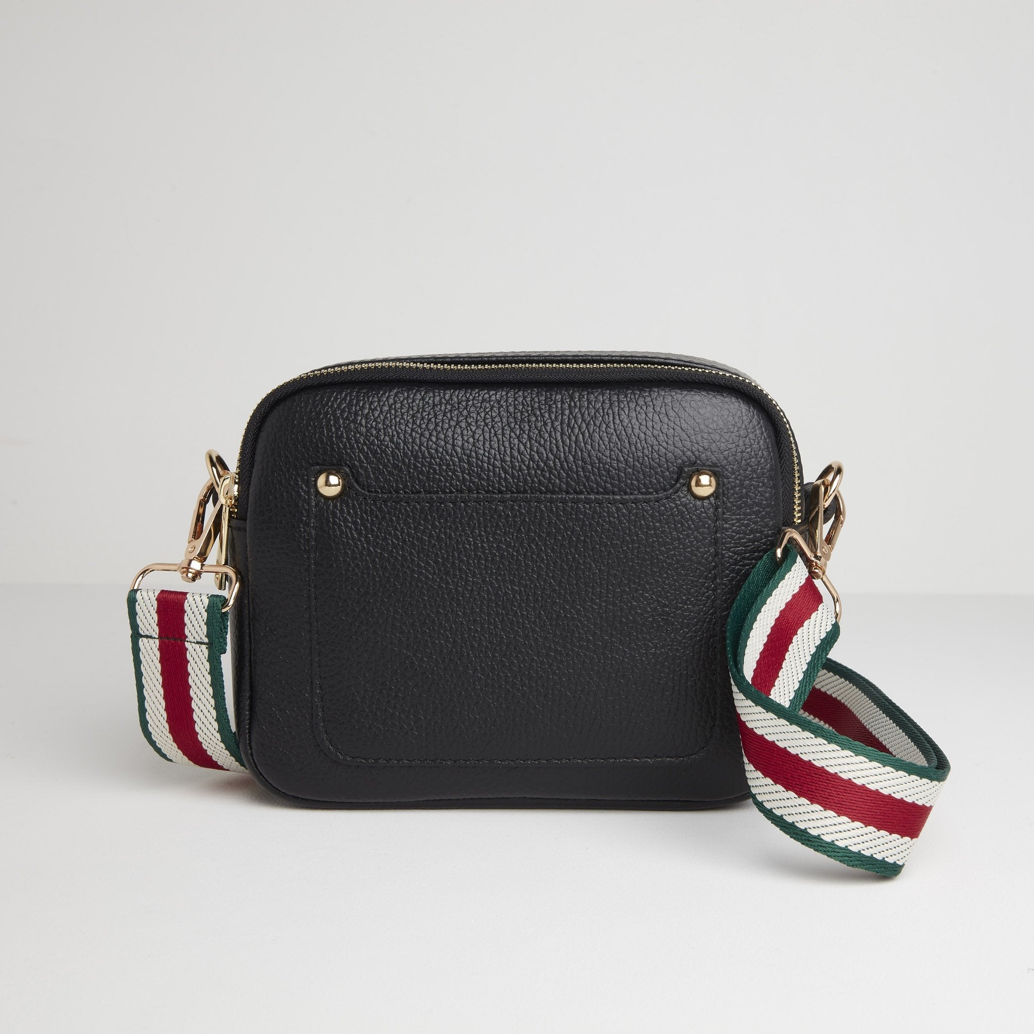 Sienna Crossbody Bag in Black with Green Stripe Strap Black | Betsy & Floss