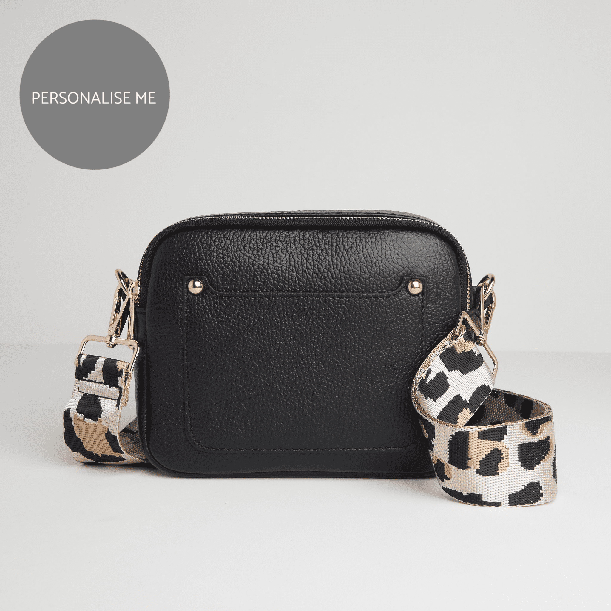 Sienna Crossbody Bag in Black with Light Pink Leopard Strap Black | Betsy & Floss