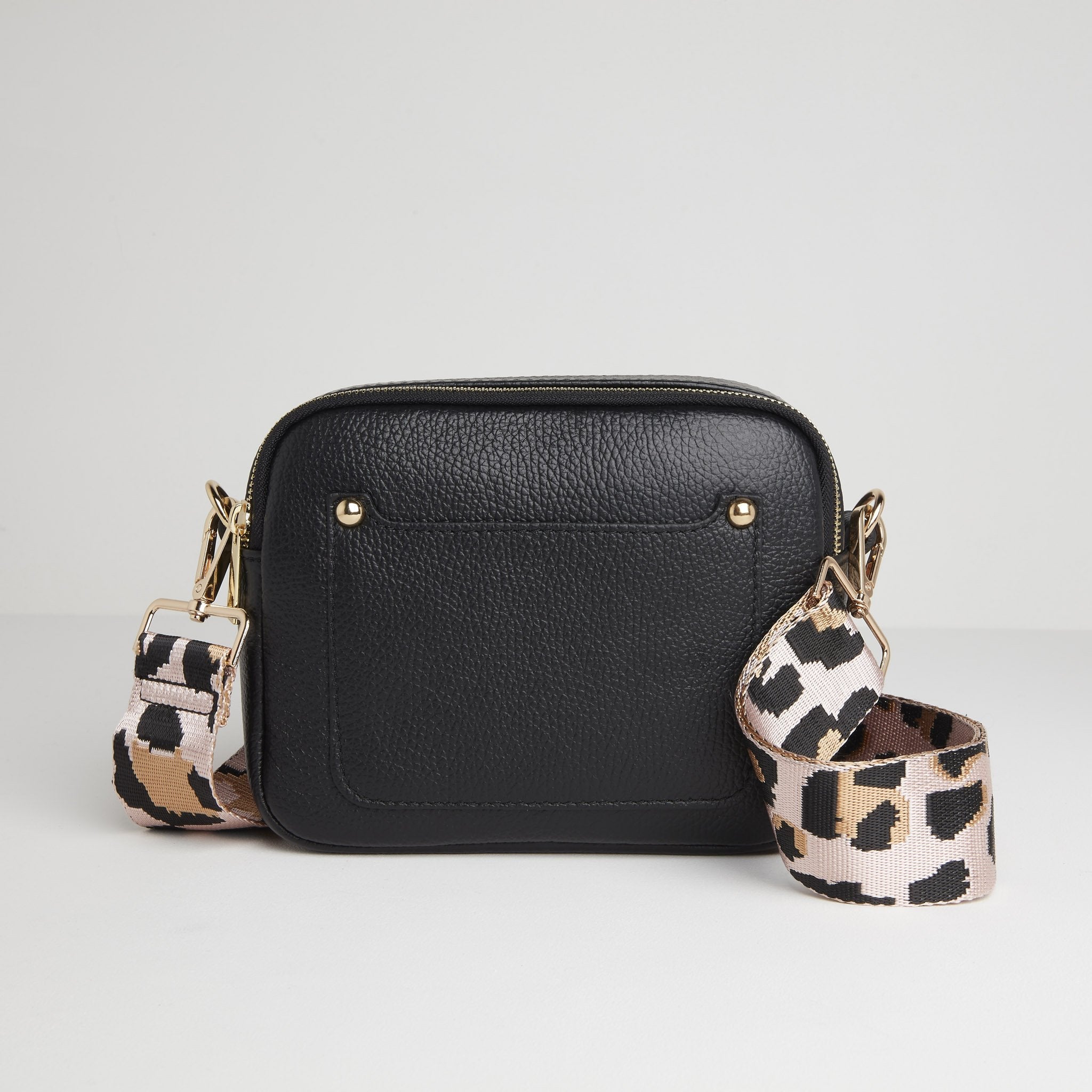 Sienna Crossbody Bag in Black with Light Pink Leopard Strap Black | Betsy & Floss