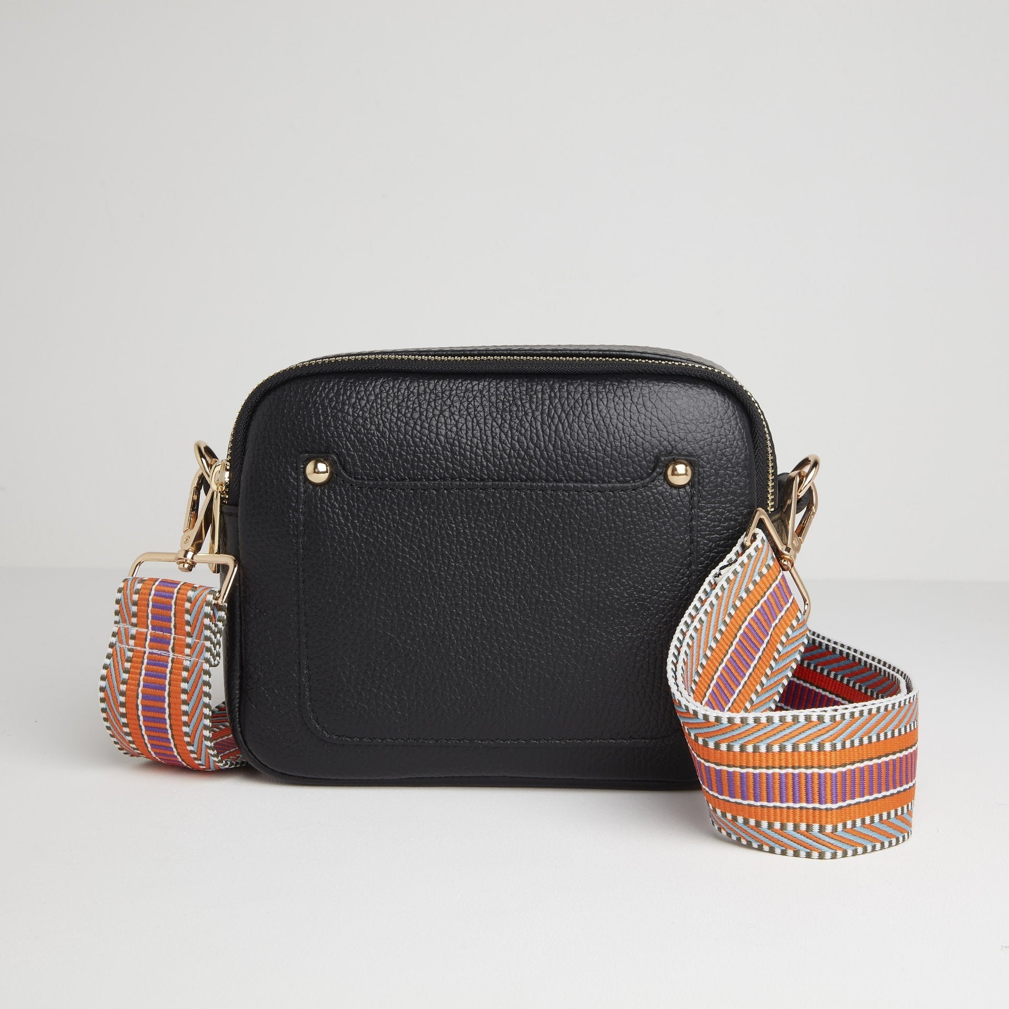 Sienna Crossbody Bag in Black with Orange Aztec Strap Black | Betsy & Floss