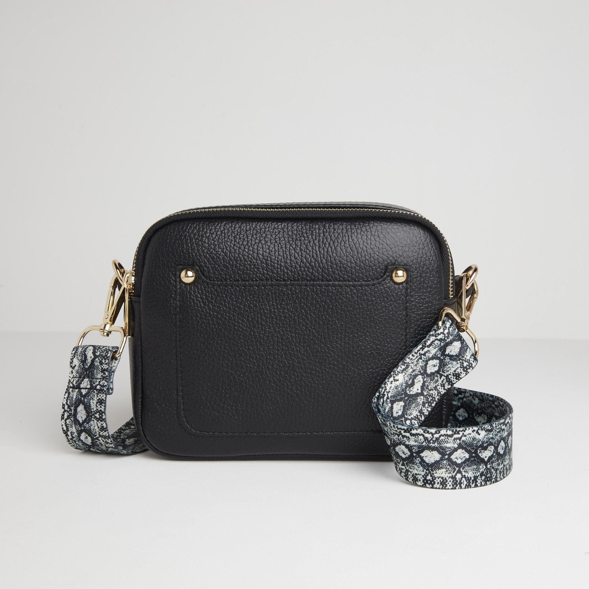 Sienna Crossbody Bag in Black with Snake Print Strap Black | Betsy & Floss