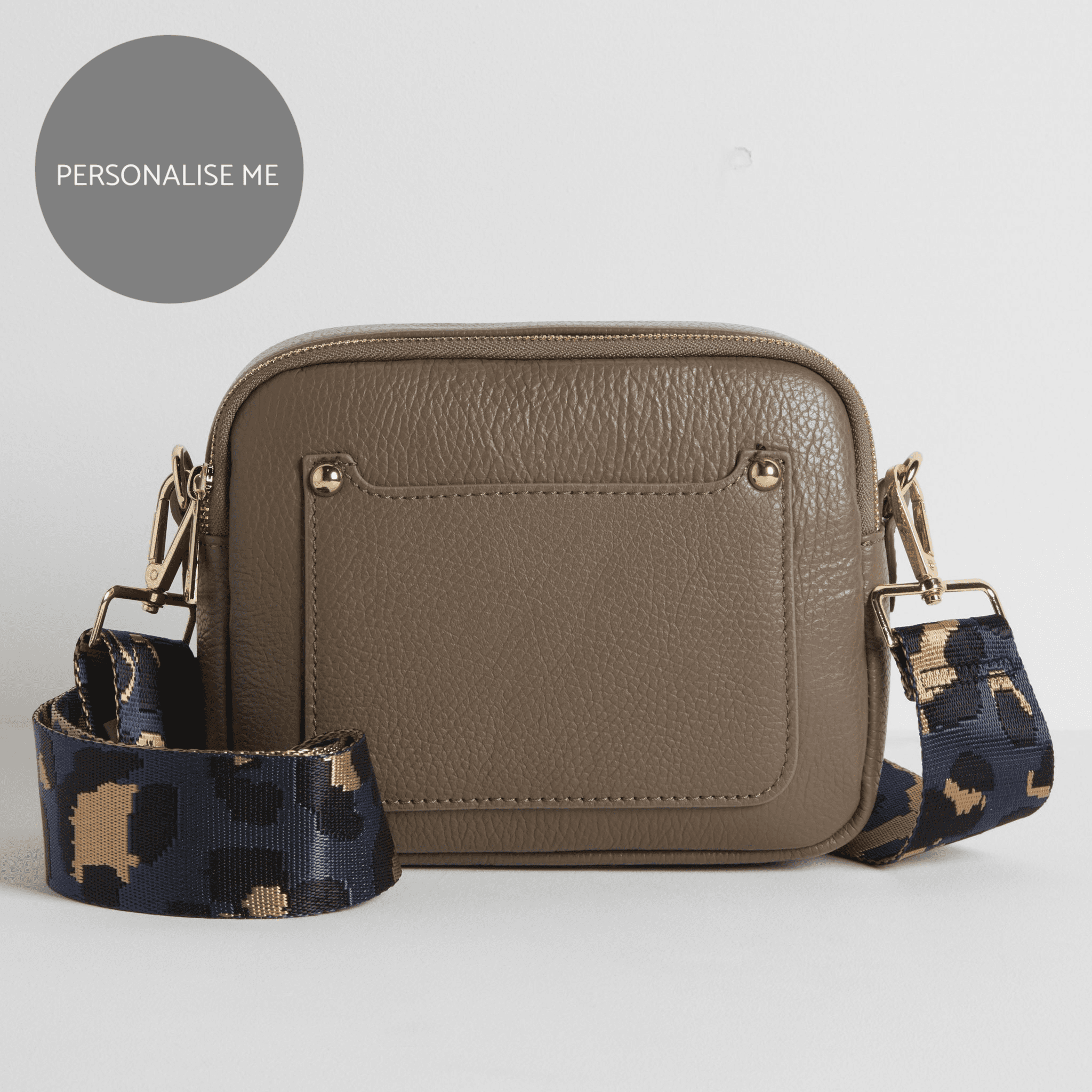 Sienna Crossbody Bag in Dark Taupe with Dark Blue Leopard Strap Dark Taupe | Betsy & Floss