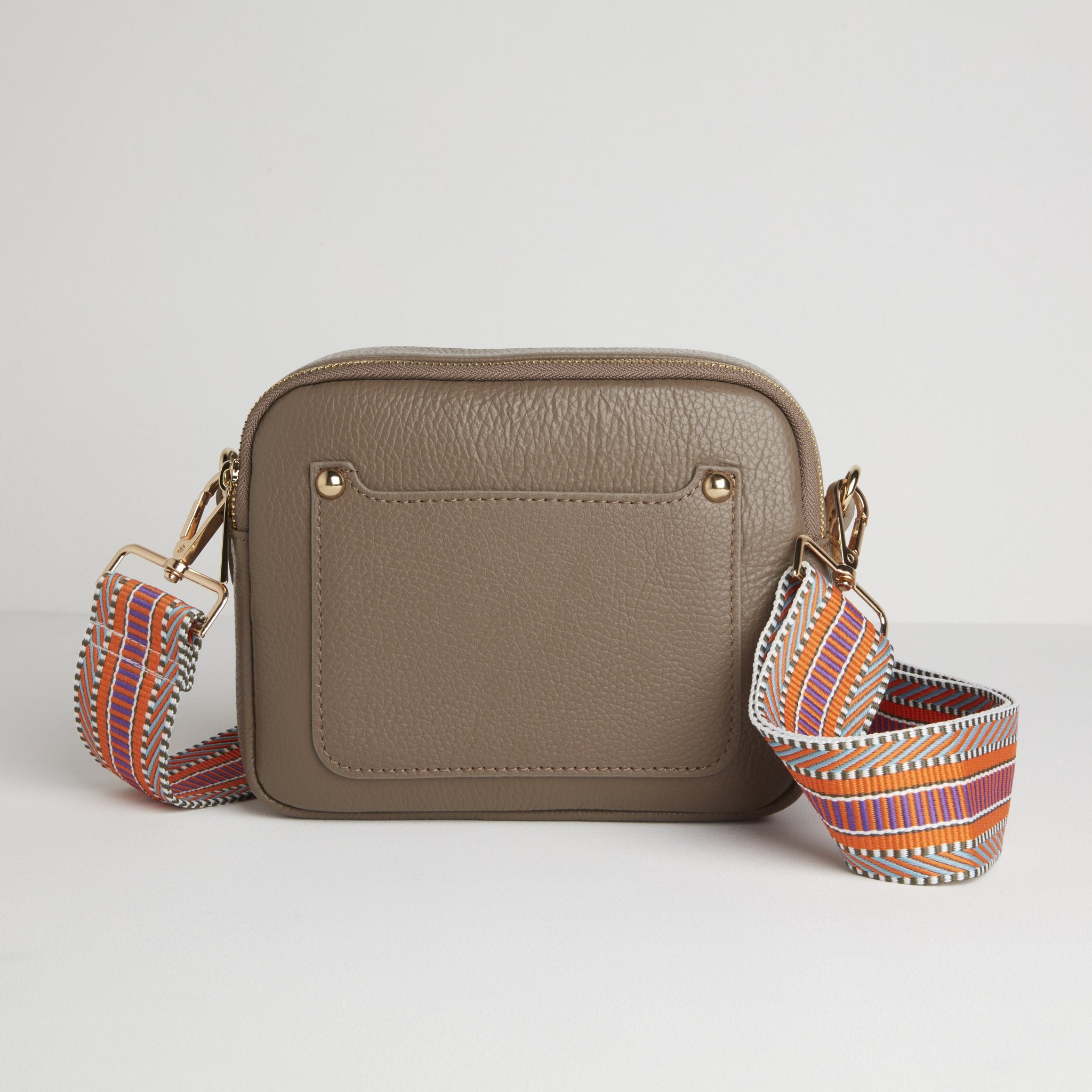 Sienna Crossbody Bag in Dark Taupe with Orange Aztec Strap Dark Taupe | Betsy & Floss