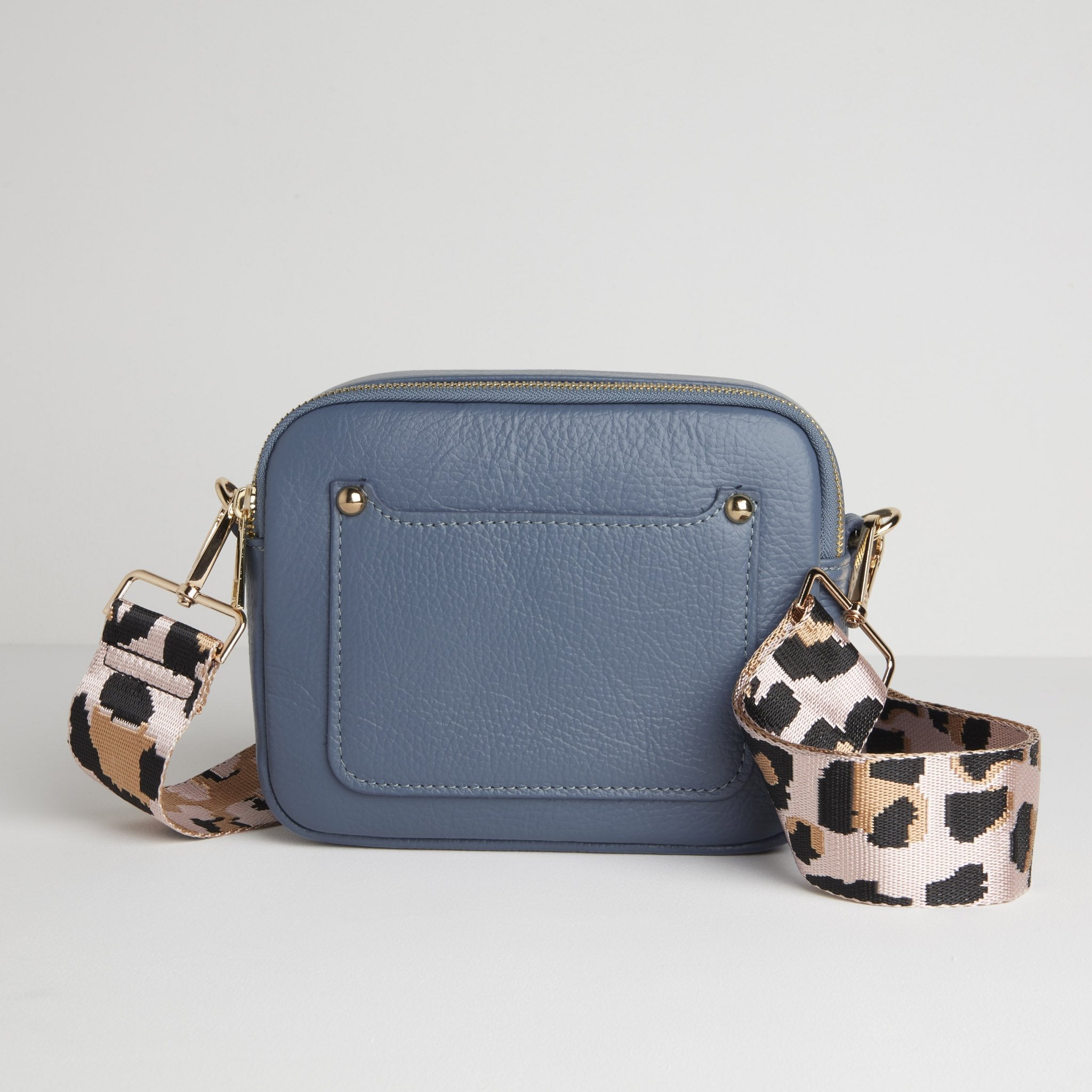 Sienna Crossbody Bag in Denim Blue with Light Pink Leopard Strap Denim Blue | Betsy & Floss