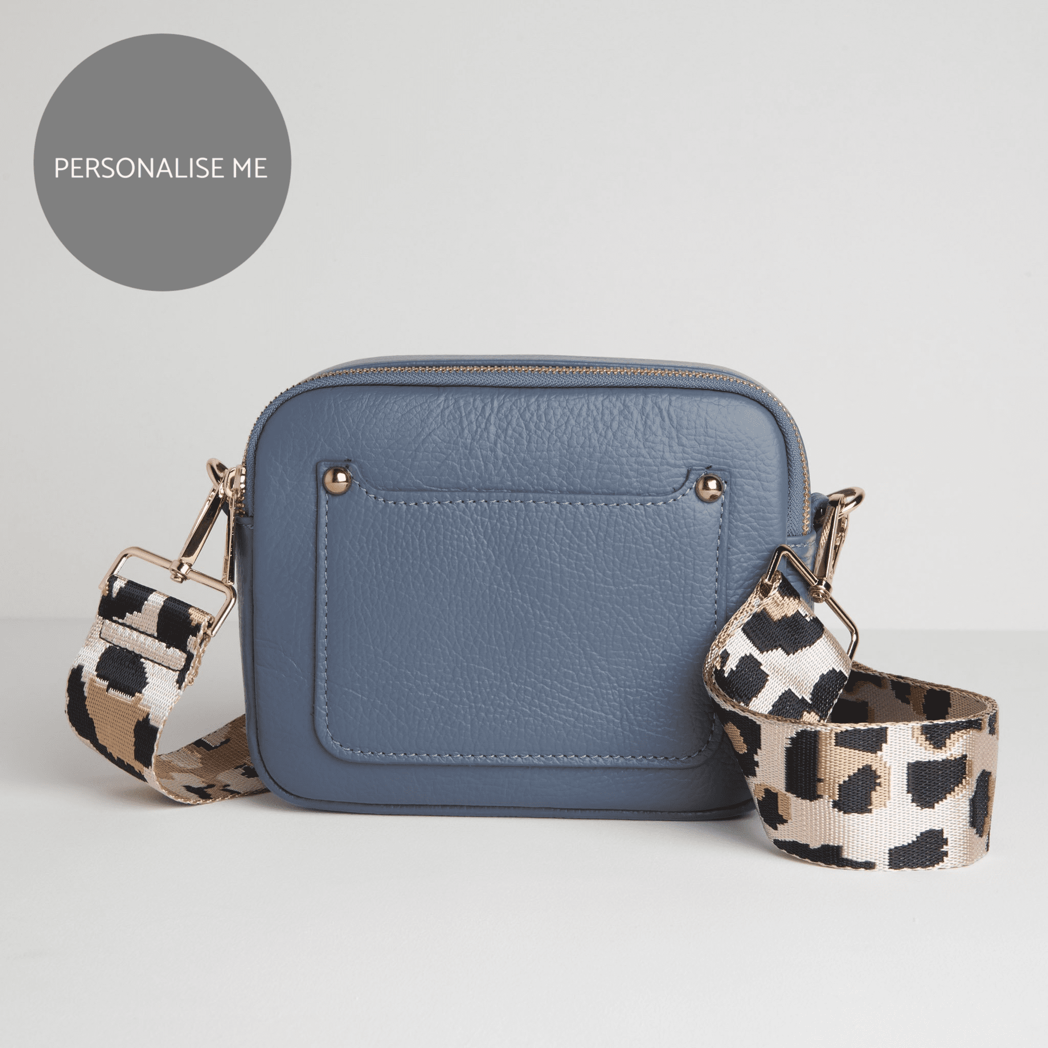 Sienna Crossbody Bag in Denim Blue with Light Pink Leopard Strap Denim Blue | Betsy & Floss