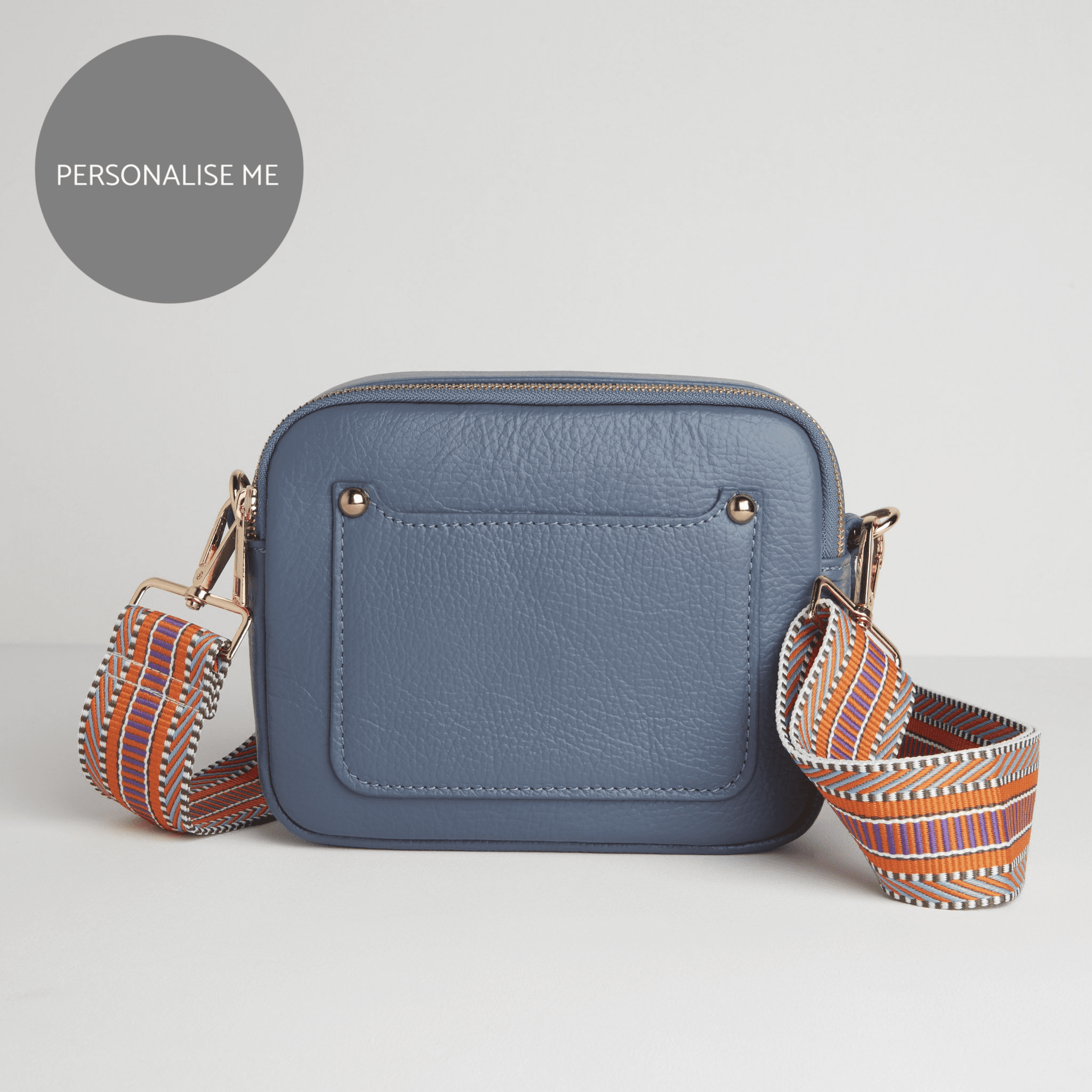 Sienna Crossbody Bag in Denim Blue with Orange Aztec Strap Denim Blue | Betsy & Floss