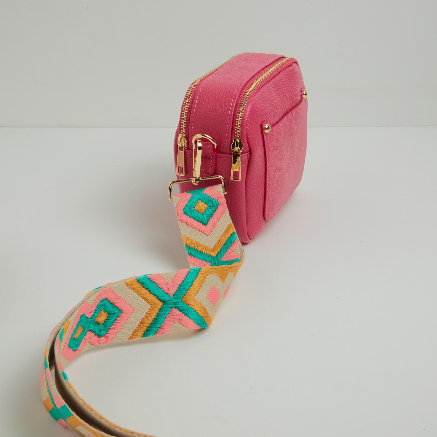 Sienna Crossbody Bag in Fuchsia Pink with Mustard and Pink Bohemian Strap Fuchsia Pink | Betsy & Floss