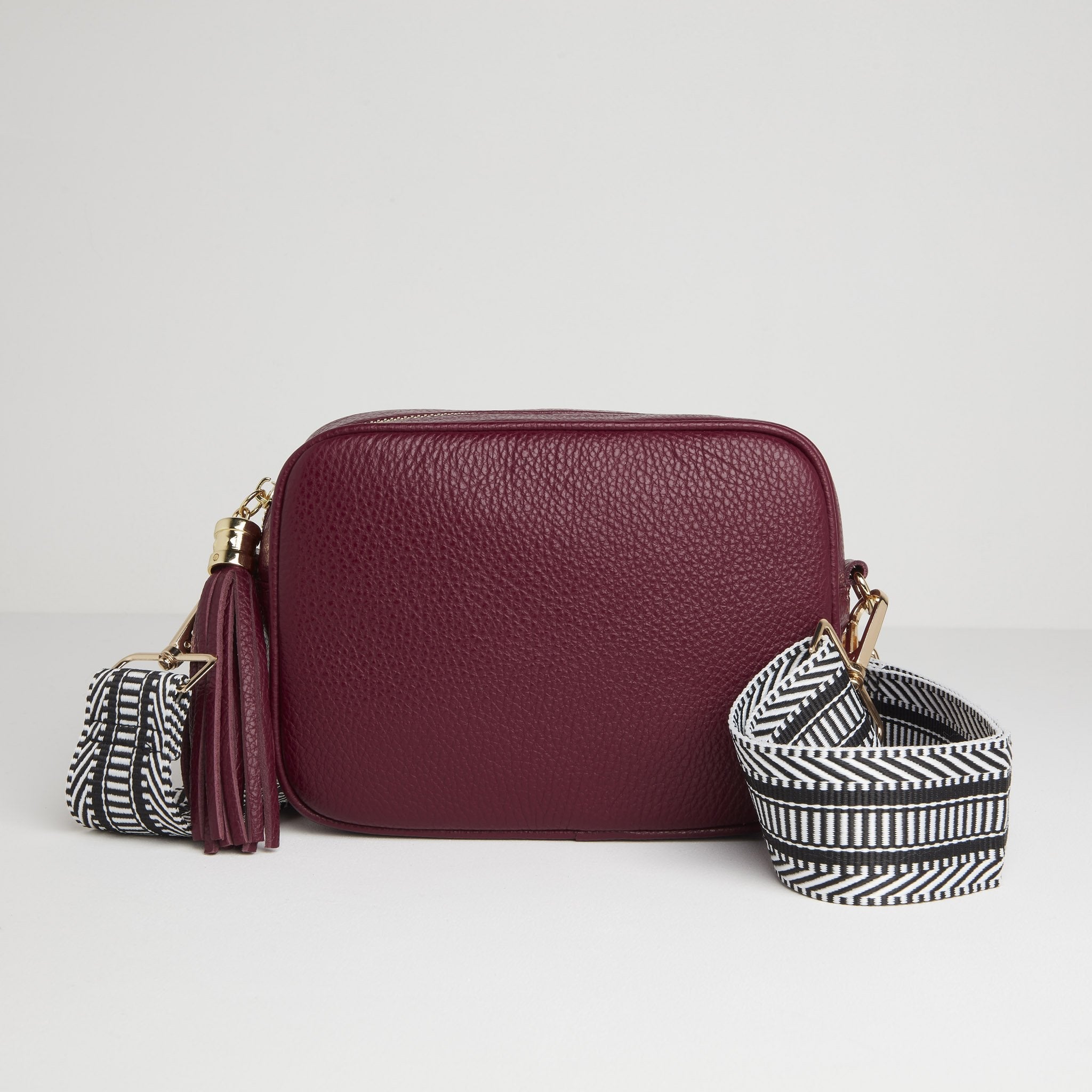 Verona Crossbody Burgundy Tassel Bag With Black and White Chevron Strap Burgundy | Betsy & Floss