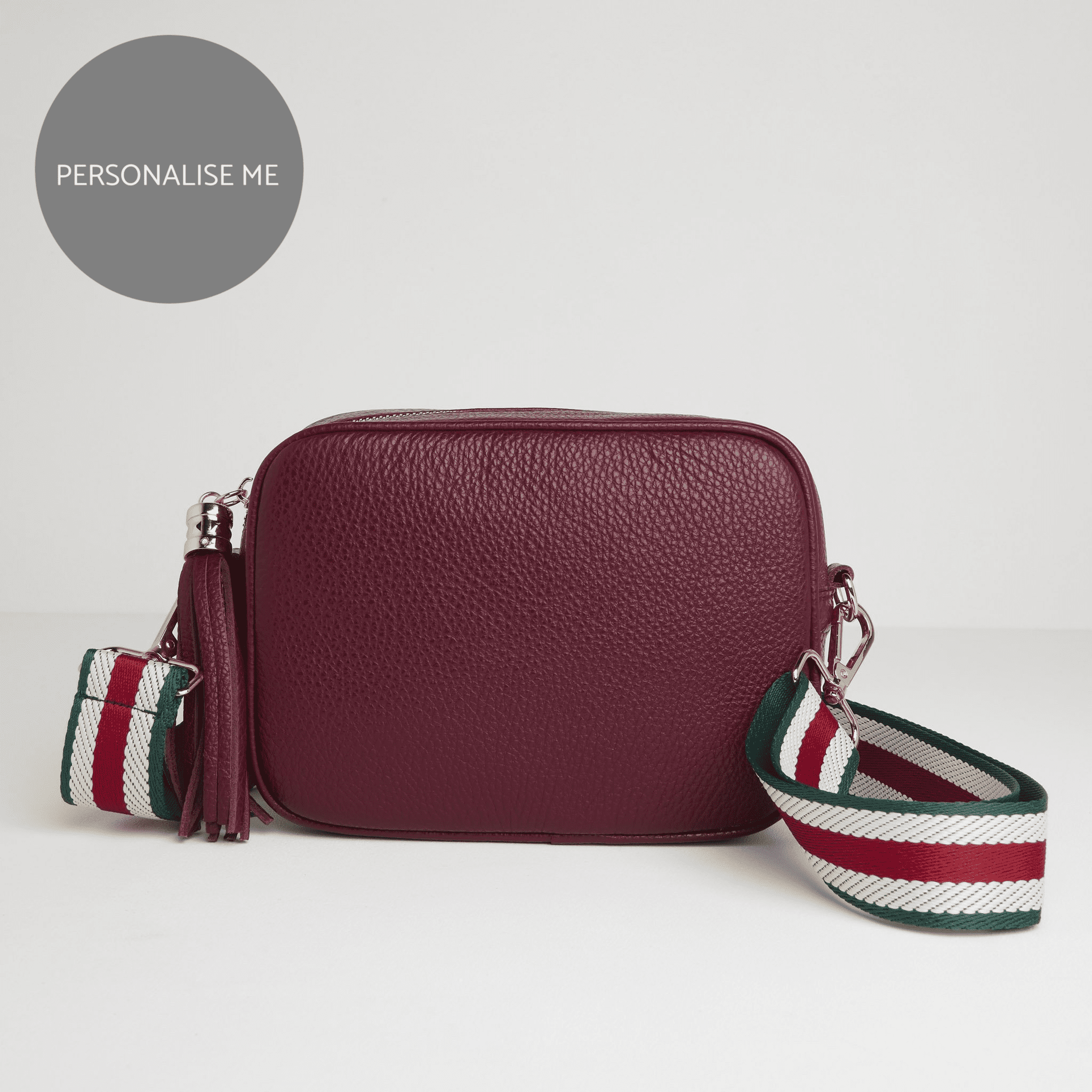 Verona Crossbody Burgundy Tassel Bag With Green Stripe Strap Burgundy | Betsy & Floss