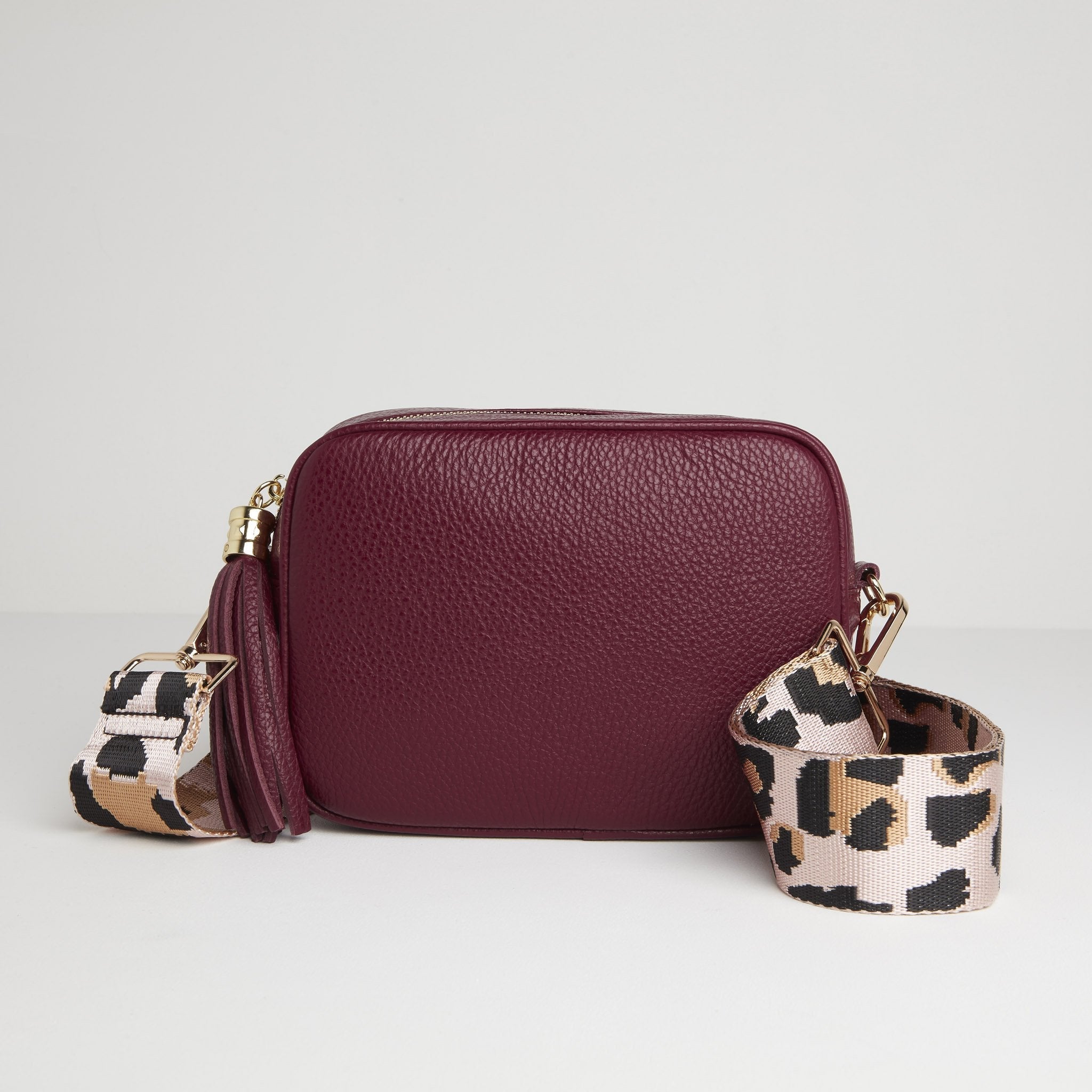 Verona Crossbody Burgundy Tassel Bag With Light Pink Leopard Strap Burgundy | Betsy & Floss