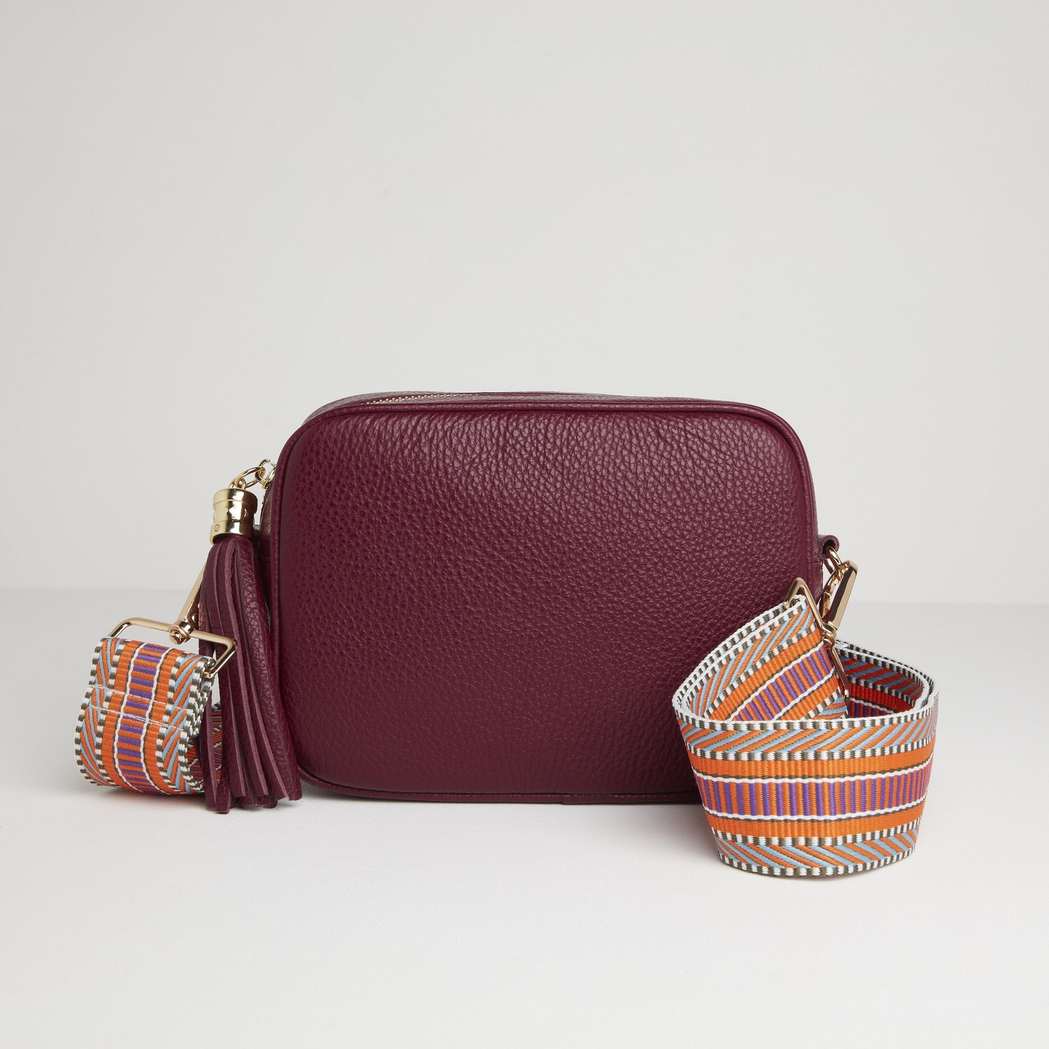 Verona Crossbody Burgundy Tassel Bag With Orange Aztec Strap Burgundy | Betsy & Floss