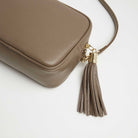 Verona Crossbody Dark Taupe Tassel Bag With Dark Blue Leopard Strap Dark Taupe | Betsy & Floss