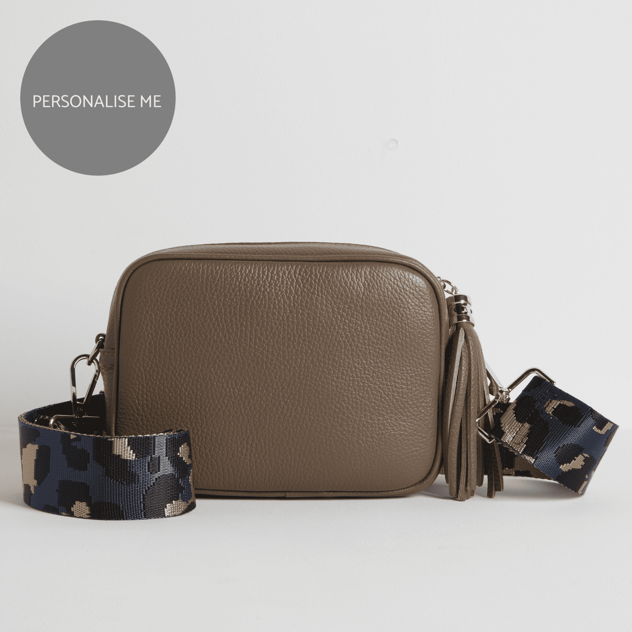 Verona Crossbody Dark Taupe Tassel Bag With Dark Blue Leopard Strap Dark Taupe | Betsy & Floss