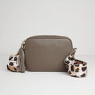 Verona Crossbody Dark Taupe Tassel Bag With Light Pink Leopard Strap Dark Taupe | Betsy & Floss