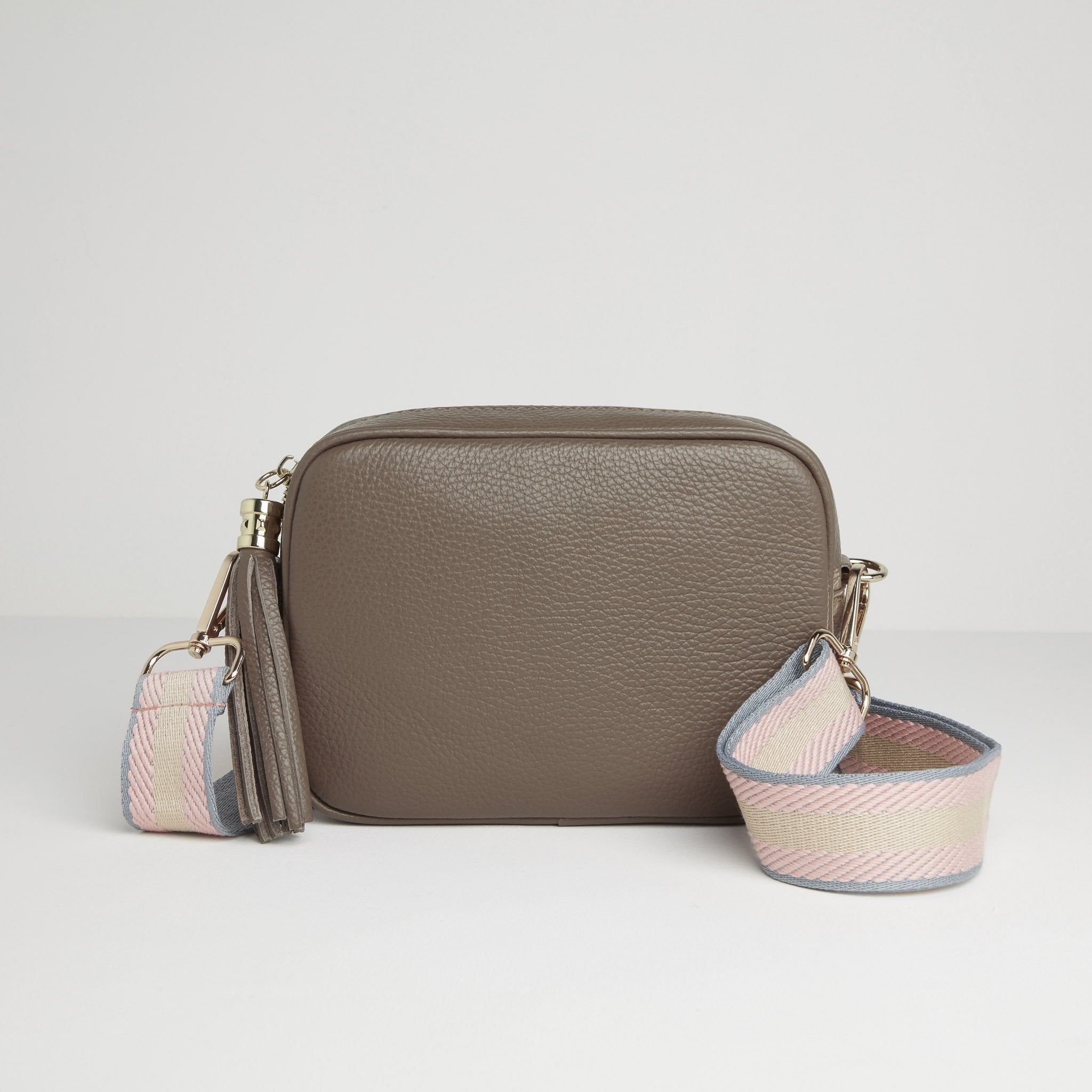 Verona Crossbody Dark Taupe Tassel Bag With Pastel Pink Strap Dark Taupe | Betsy & Floss