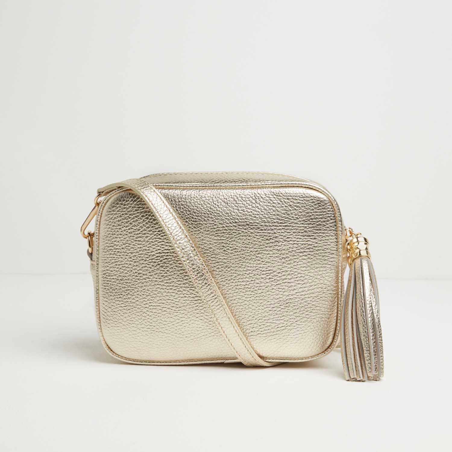 Verona Crossbody Gold Tassel Bag With Black and White Chevron Strap Gold | Betsy & Floss