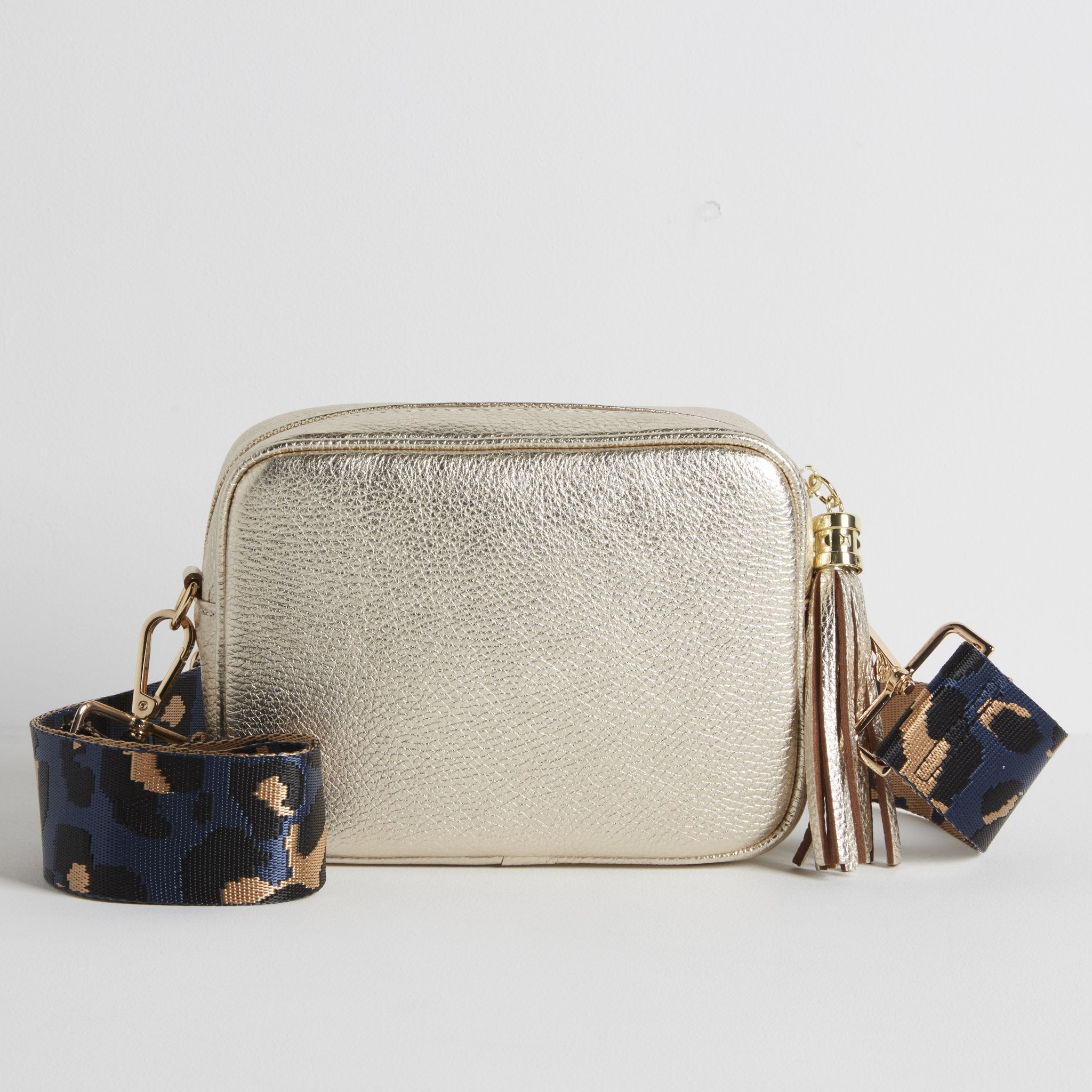 Verona Crossbody Gold Tassel Bag With Dark Blue Leopard Strap Gold | Betsy & Floss