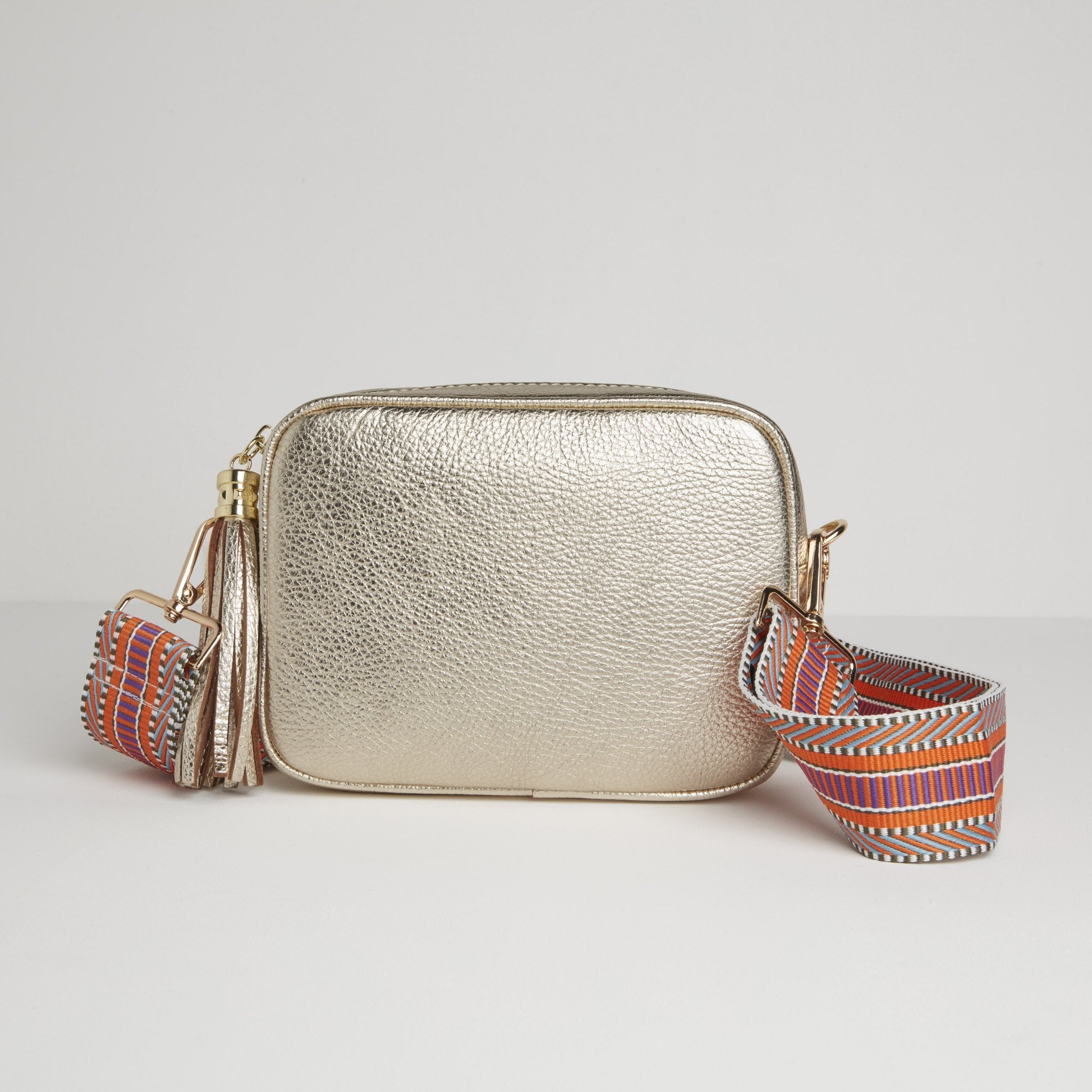 Verona Crossbody Gold Tassel Bag With Orange Aztec Strap Gold | Betsy & Floss