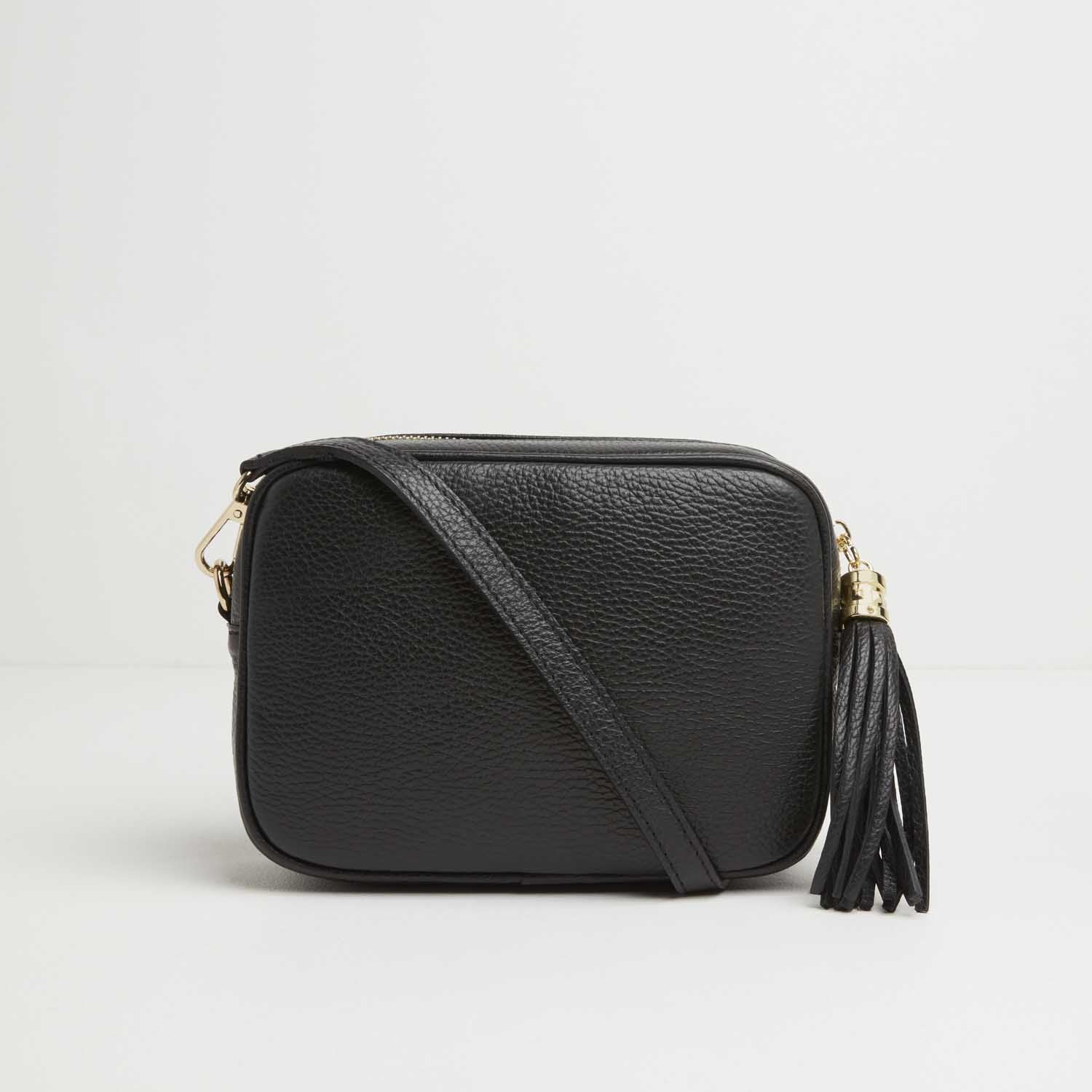 Verona Crossbody Tassel Black Bag with Black and Silver Sparkle Strap Black | Betsy & Floss