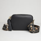 Verona Crossbody Tassel Black Bag with Dark Leopard Strap Black | Betsy & Floss