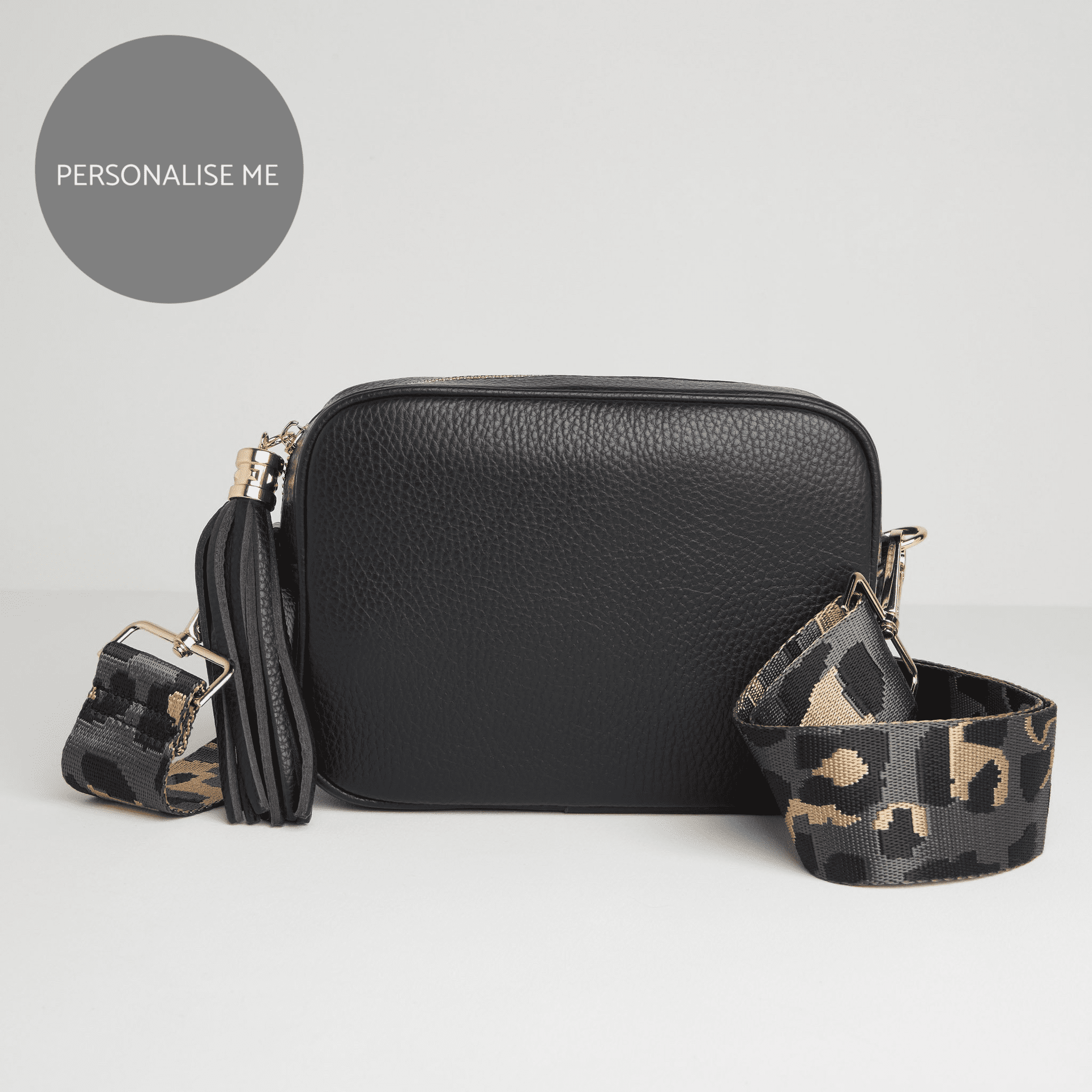 Verona Crossbody Tassel Black Bag with Dark Leopard Strap Black | Betsy & Floss