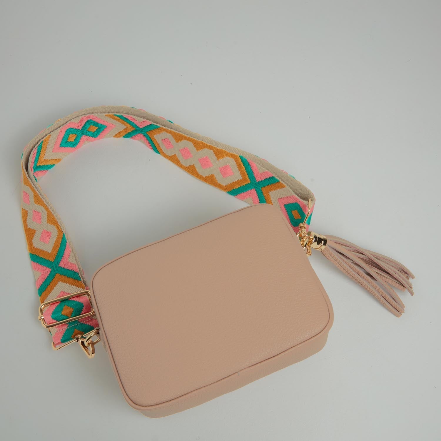 Verona Crossbody Tassel Blush Bag with Mustard and Pink Boho Strap Blush Pink | Betsy & Floss