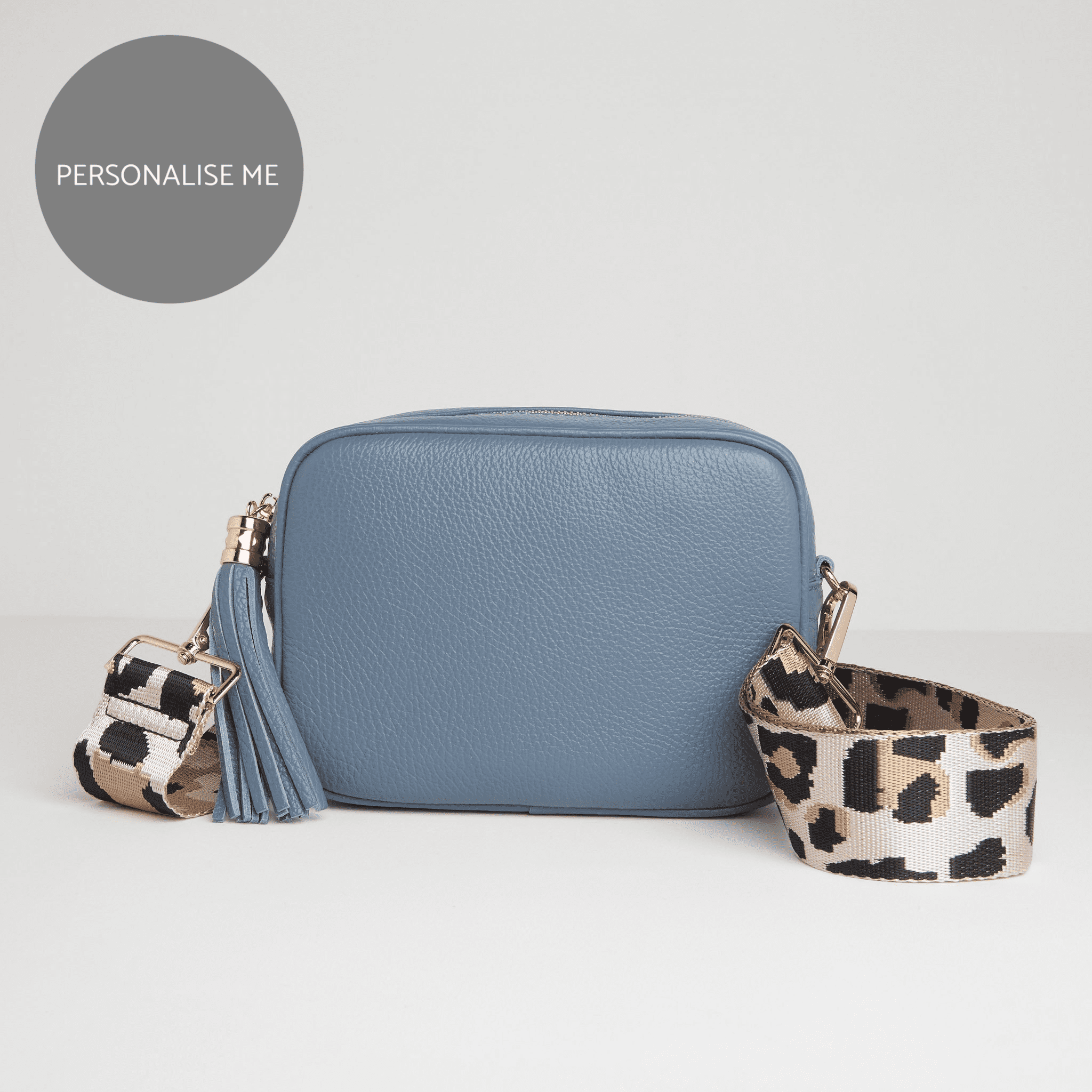 Verona Crossbody Tassel Denim Bag with Light Pink Leopard Strap Denim Blue | Betsy & Floss