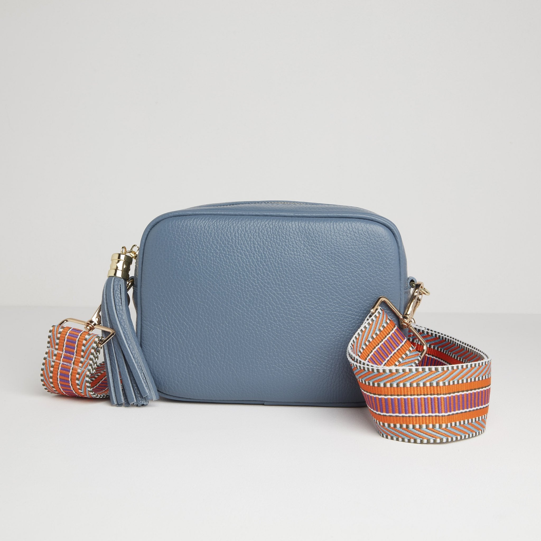 Verona Crossbody Tassel Denim Bag with Orange Aztec Strap Denim Blue | Betsy & Floss