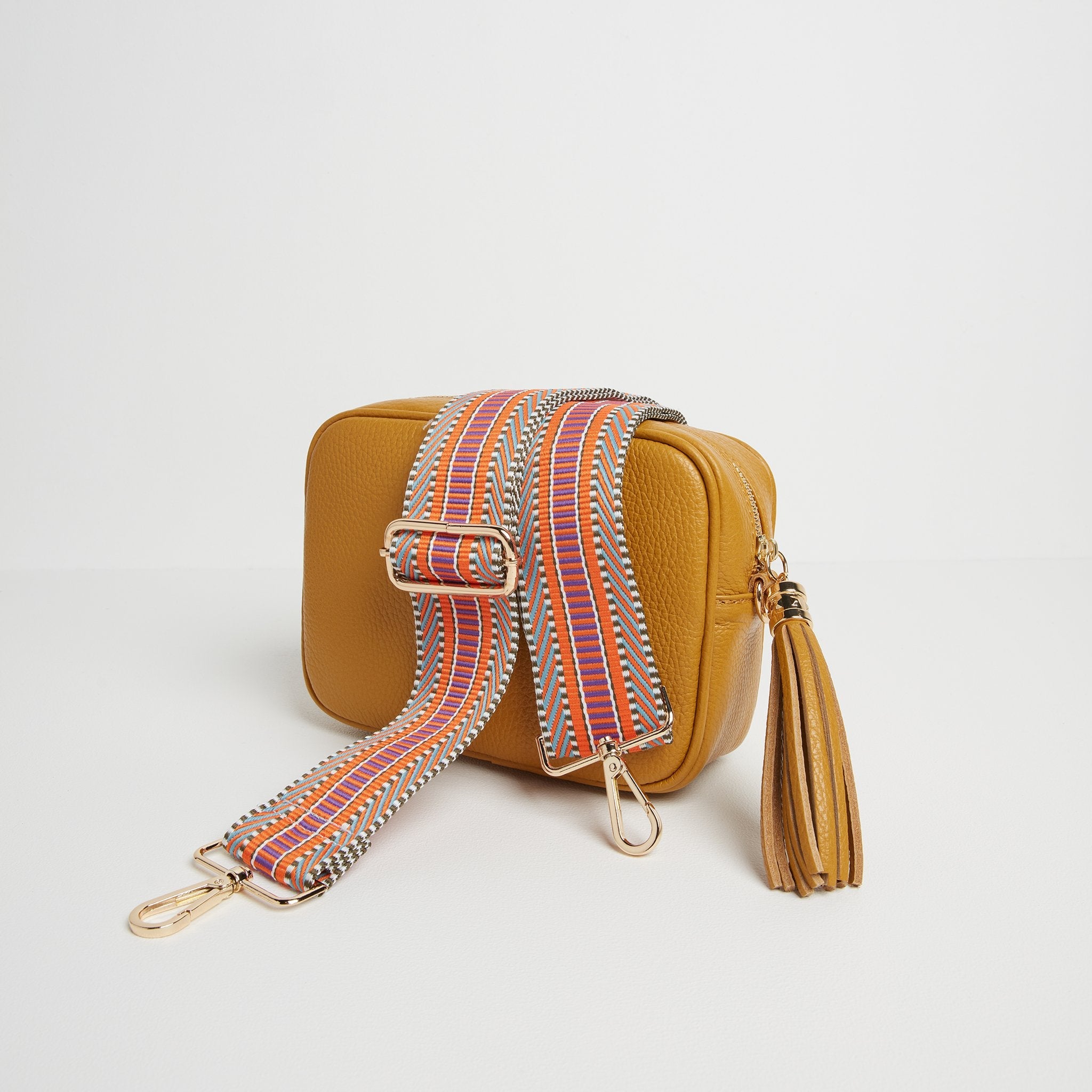 Verona Crossbody Tassel Mustard Bag with Aztec Orange Strap Mustard | Betsy & Floss