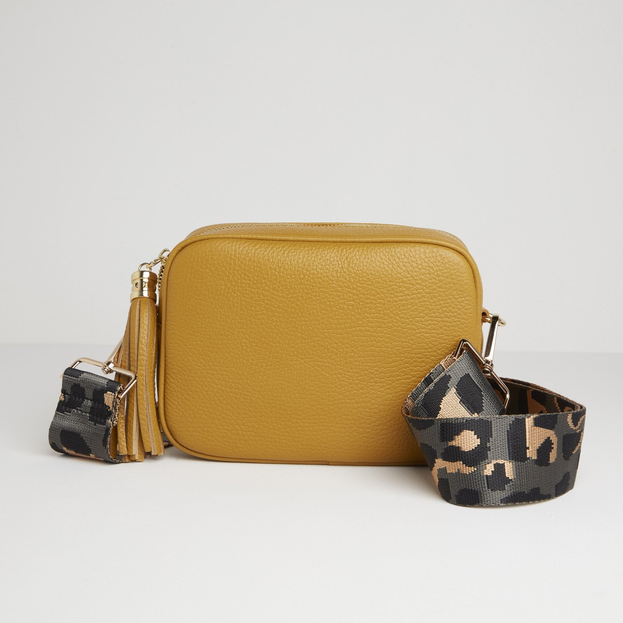 Verona Crossbody Tassel Mustard Bag with Dark Leopard Strap Mustard | Betsy & Floss