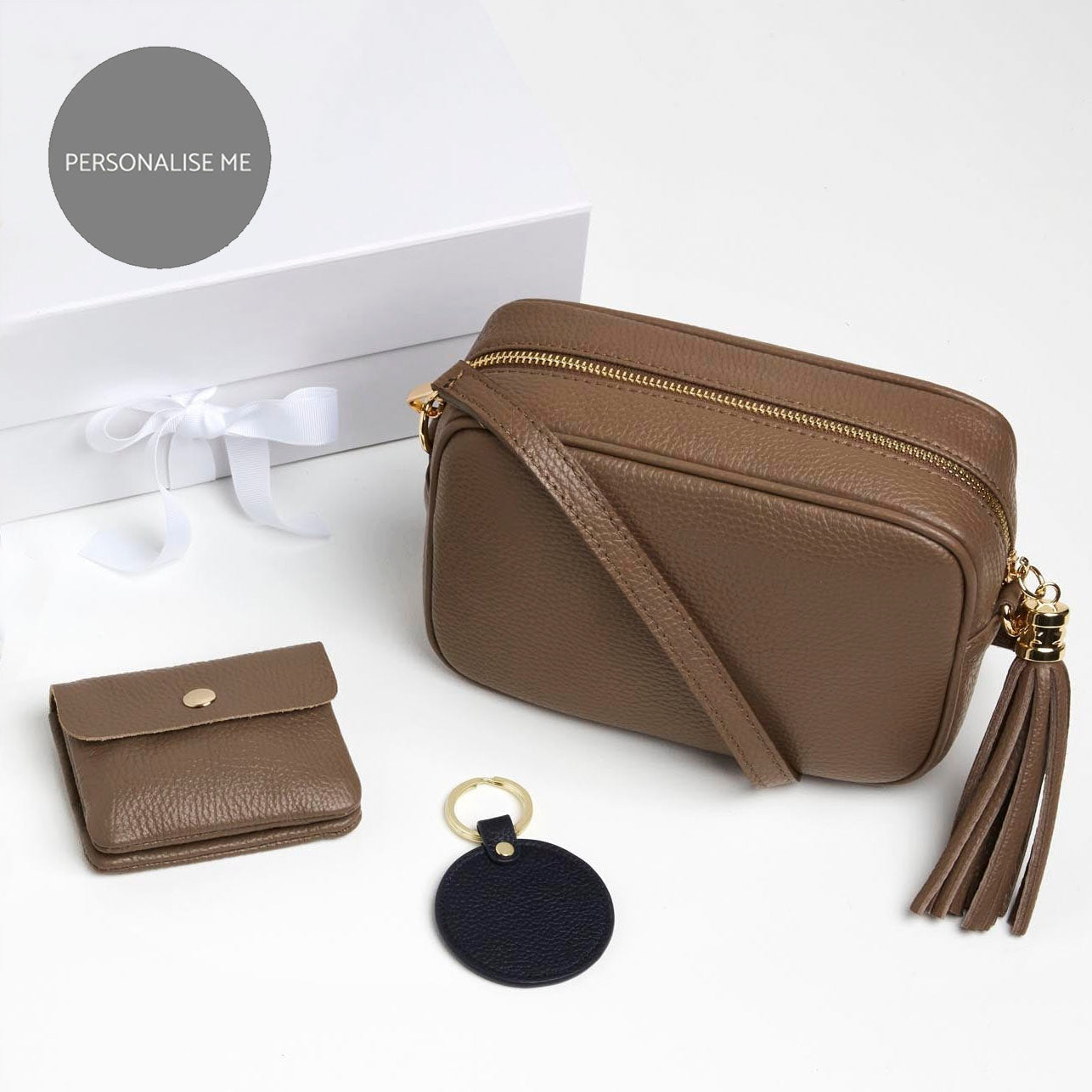 Verona Crossbody Bag, Small Purse, Keyring and Scarf Gift Set in Dark Taupe | Betsy & Floss