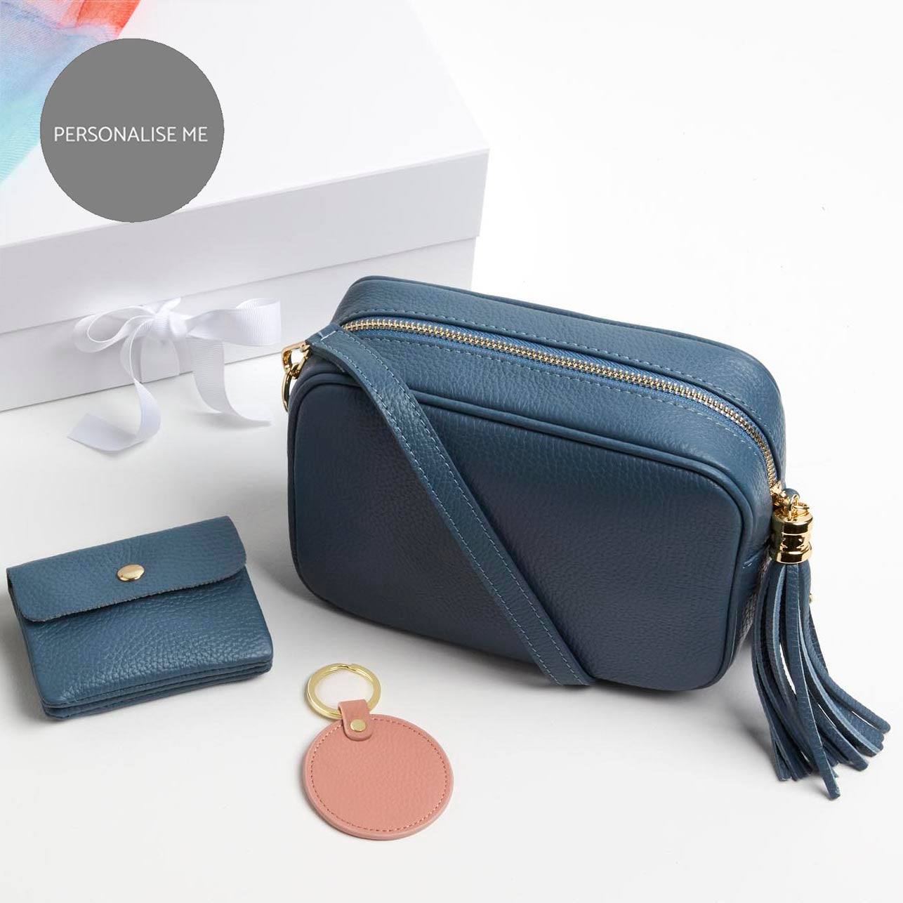 Verona Crossbody Bag, Small Purse, Keyring and Scarf Gift Set in Denim Blue | Betsy & Floss