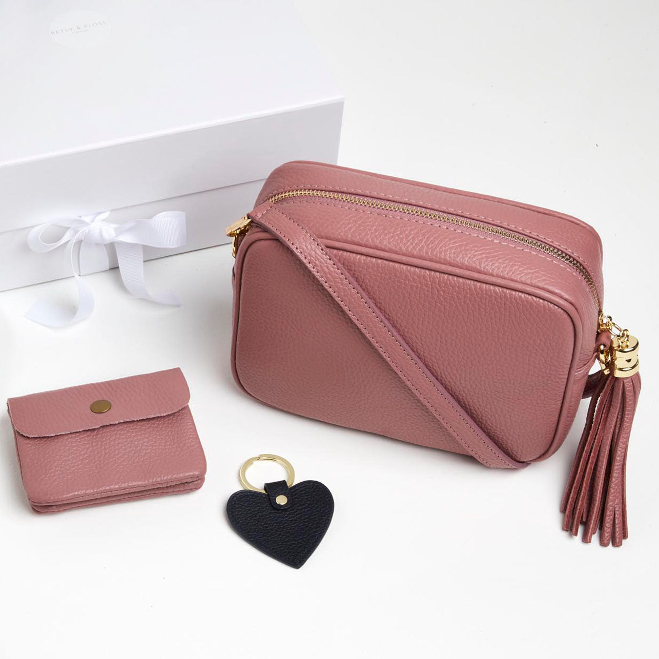 Verona Crossbody Bag, Small Purse, Keyring and Scarf Gift Set in Antique Pink | Betsy & Floss