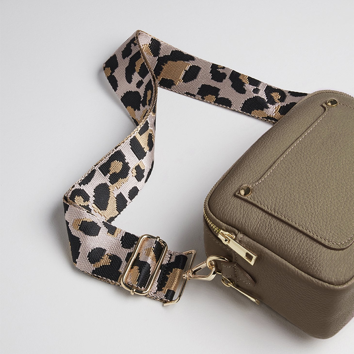 Sienna Crossbody Bag in Dark Taupe With Light Pink Leopard Strap