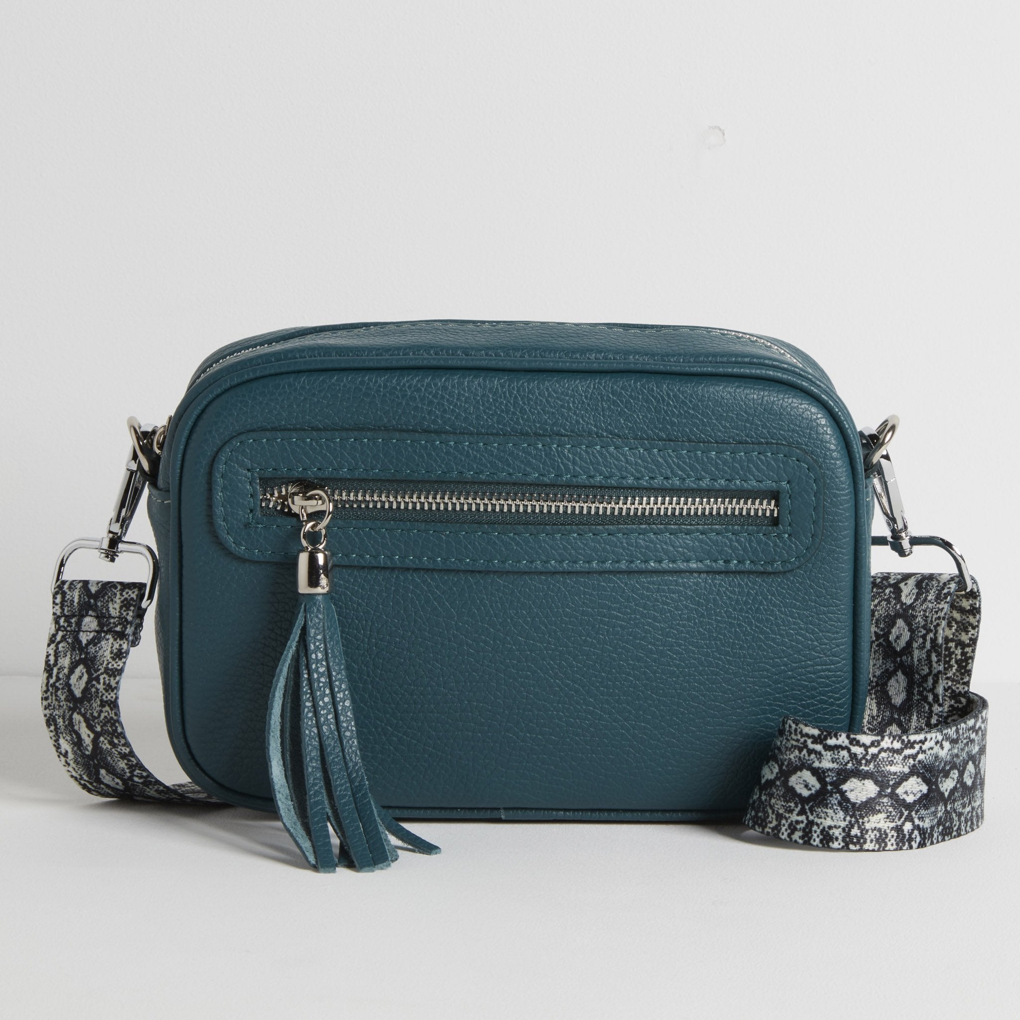 Florence - Crossbody Bag in Teal with Snake Print Strap | Betsy & Floss