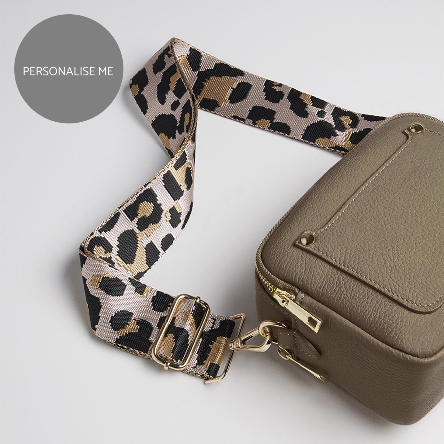 Sienna Crossbody Bag in Dark Taupe with Light Pink Leopard Strap